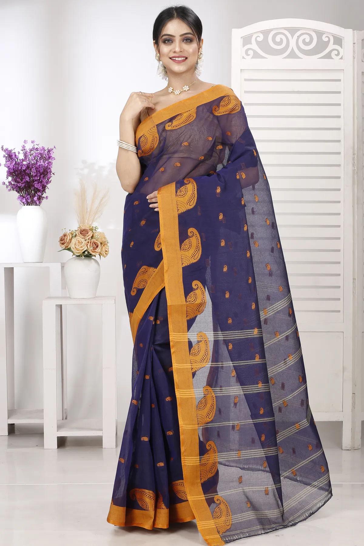 DipDiya Pure Cotton Naby Blue Epto Shonko Handcrafted Elegance Tant Sarees