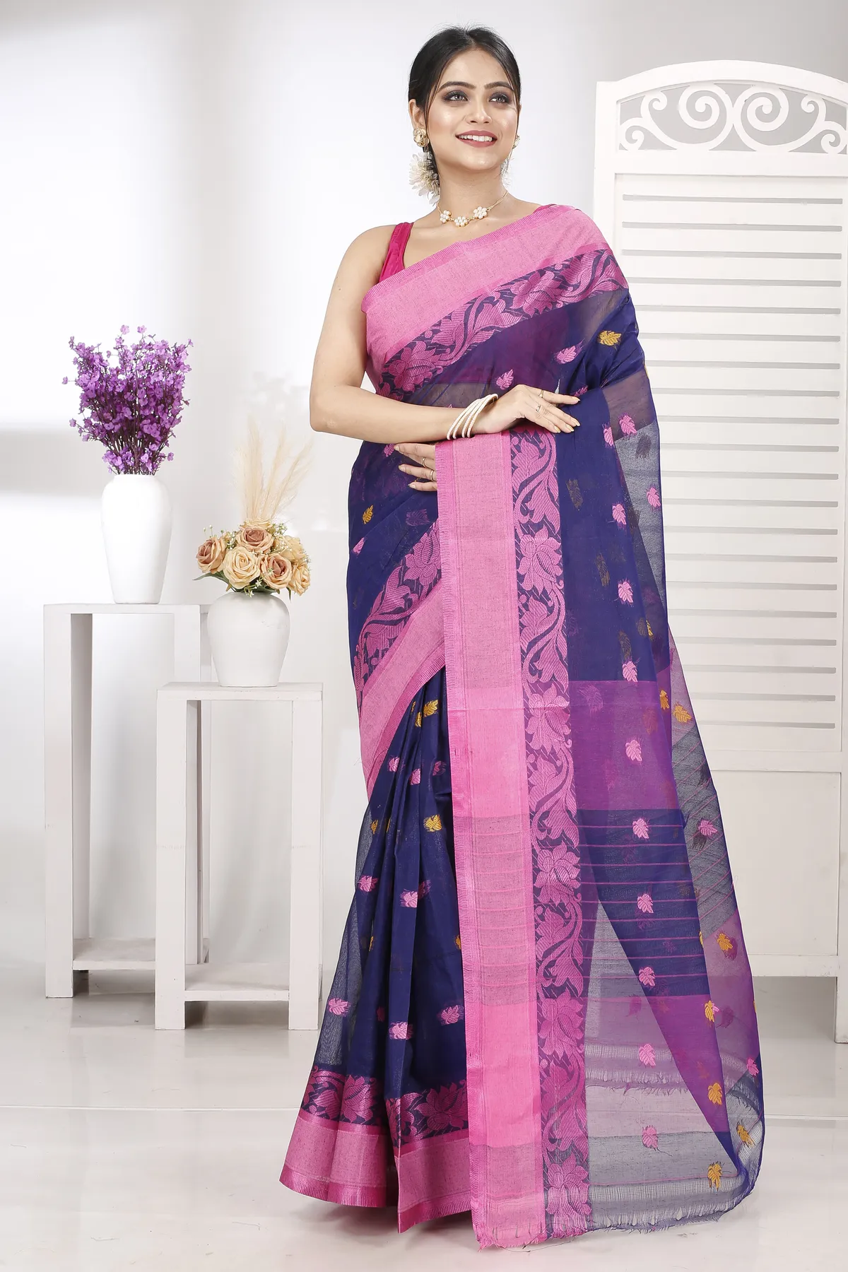 DipDiya Pure Cotton Naby Blue Guti Heritage You Can Wear Tant Sarees