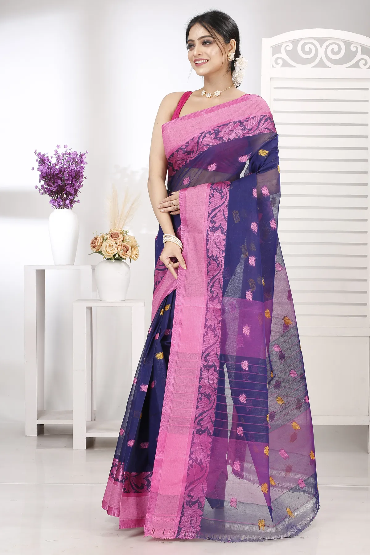 DipDiya Pure Cotton Naby Blue Guti Heritage You Can Wear Tant Sarees