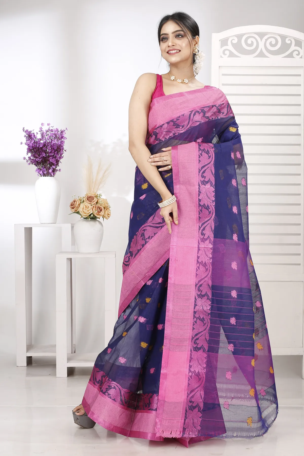 DipDiya Pure Cotton Naby Blue Guti Heritage You Can Wear Tant Sarees