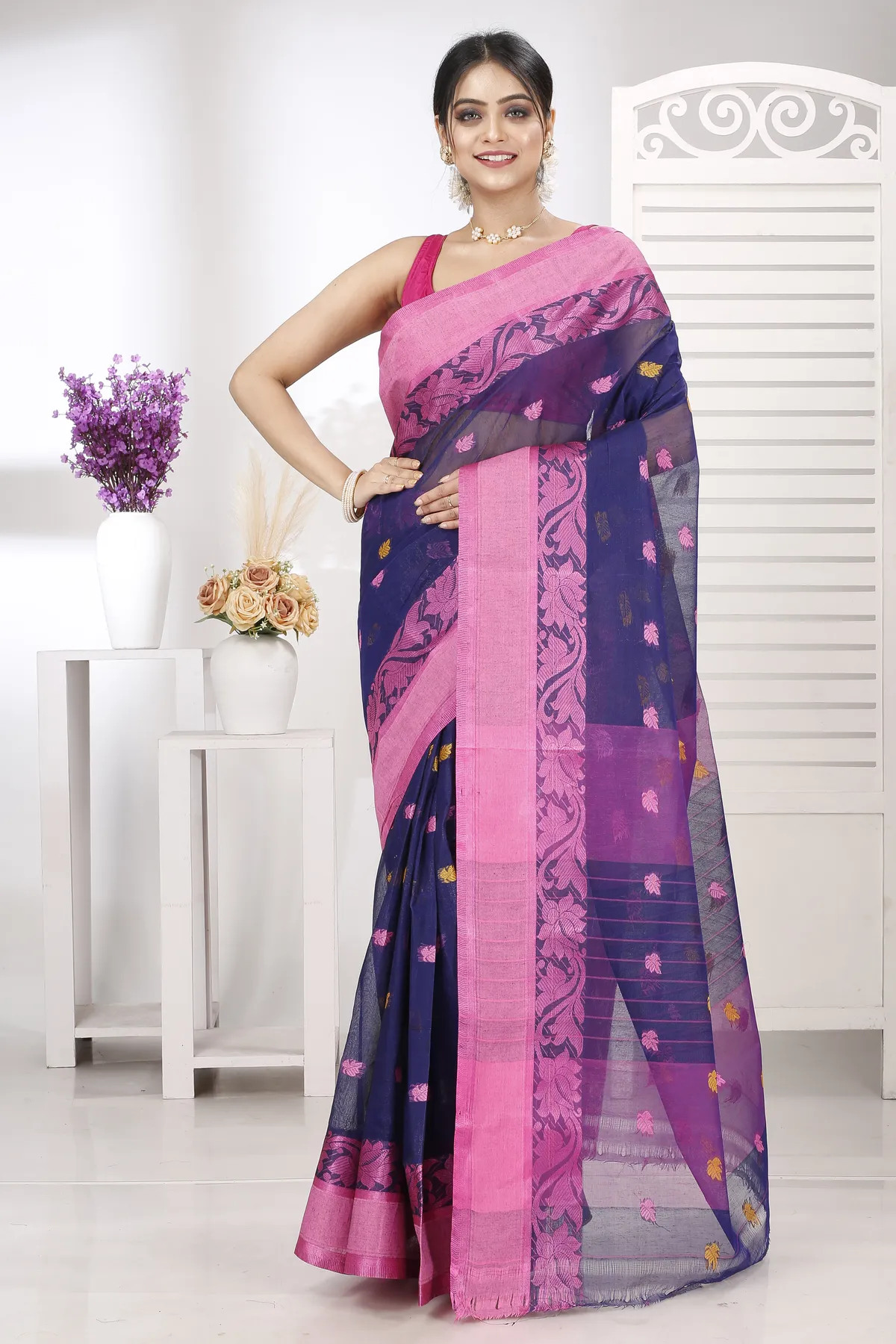 DipDiya Pure Cotton Naby Blue Guti Heritage You Can Wear Tant Sarees