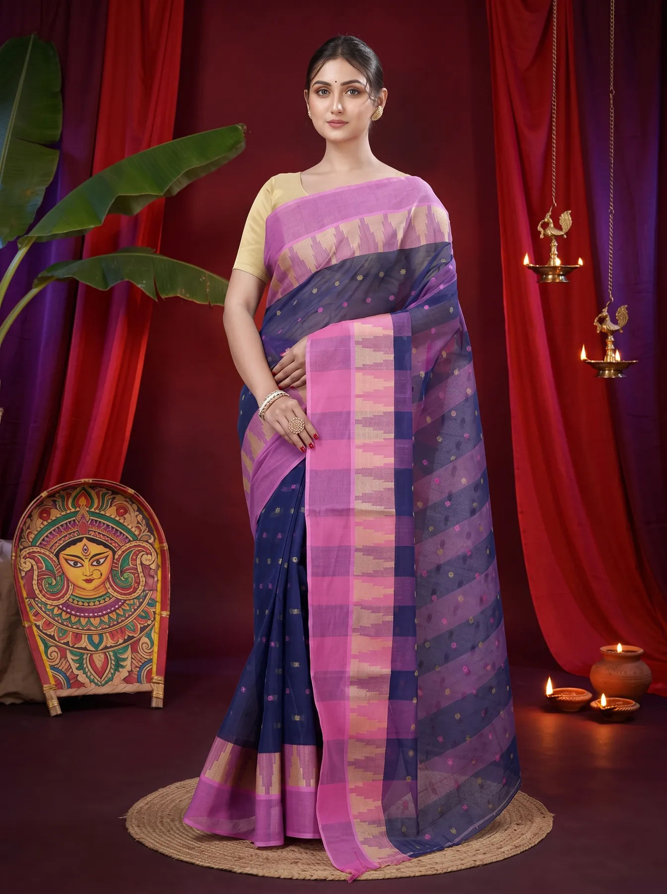 DipDiya Pure Cotton Naby Blue Jamuna Heritage You Can Wear Tant Sarees