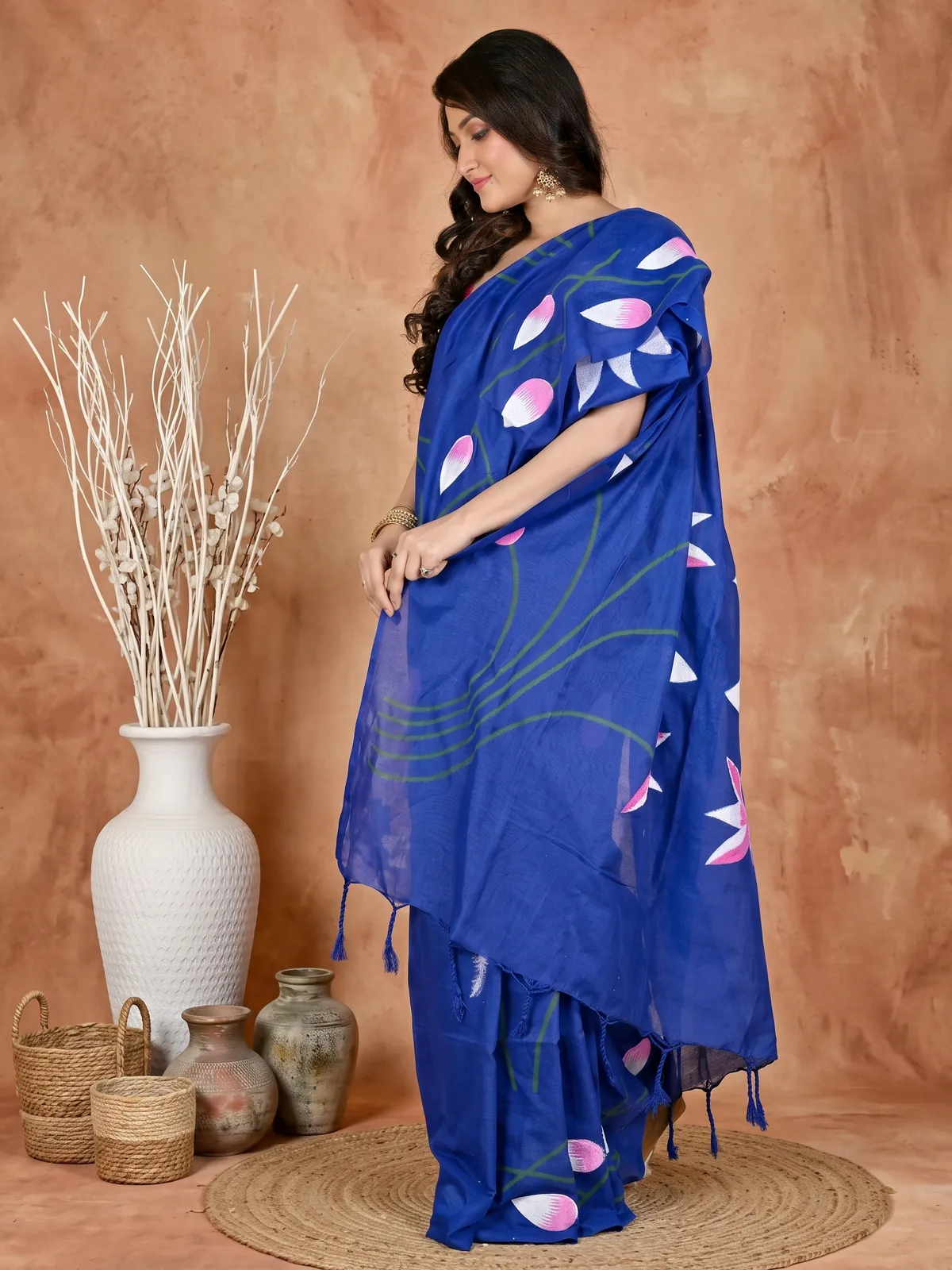 DipDiya Pure Cotton Naby Blue Kamal Rooted in Bengal Hand Painted Sarees