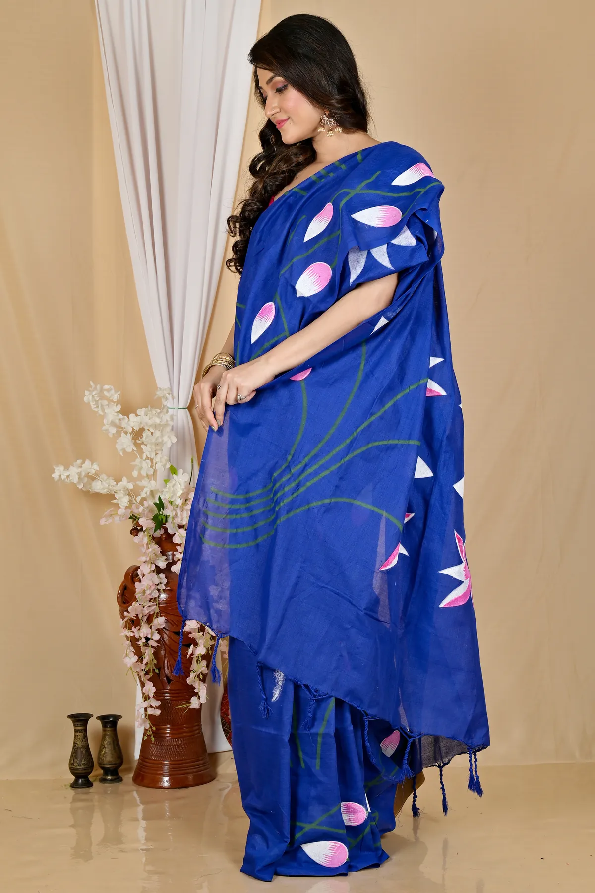 DipDiya Pure Cotton Naby Blue Kamal Rooted in Bengal Hand Painted Sarees