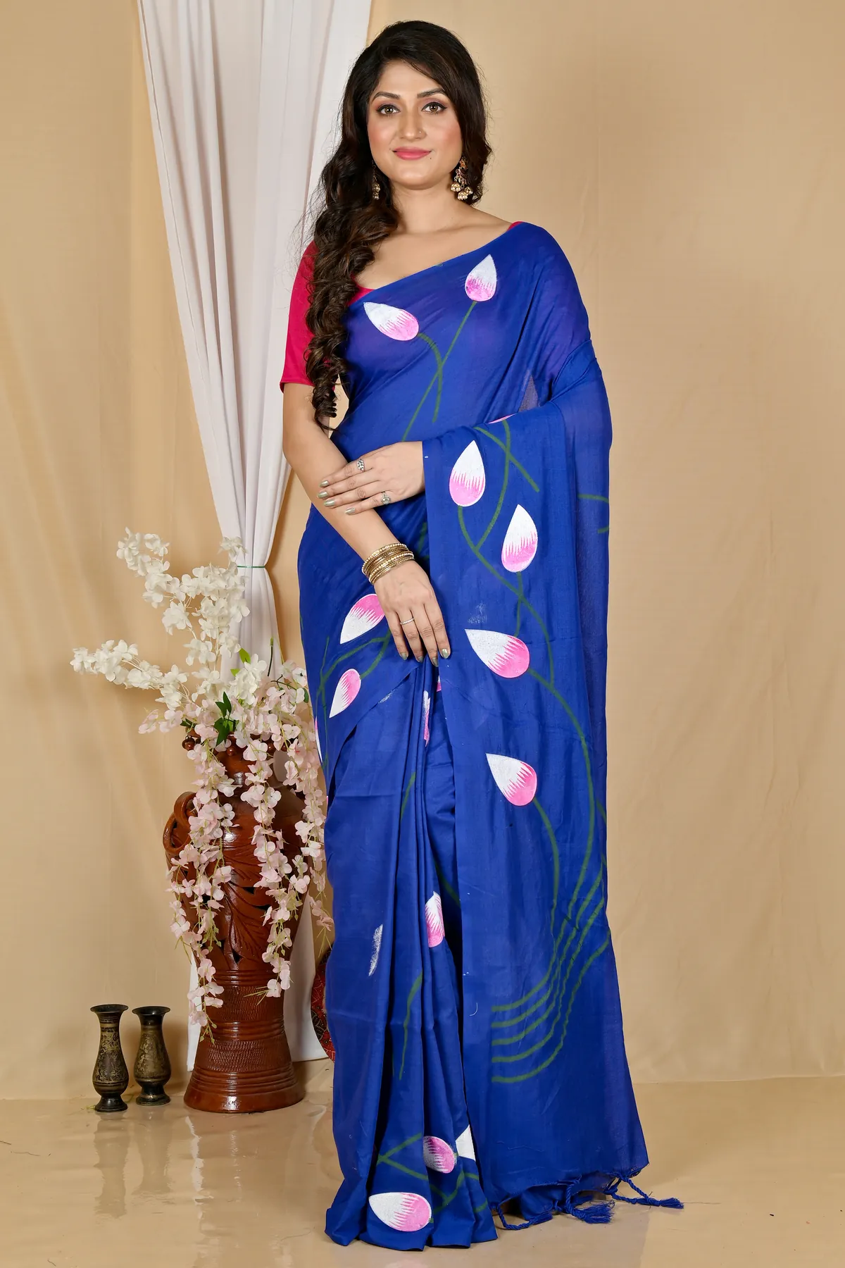 DipDiya Pure Cotton Naby Blue Kamal Rooted in Bengal Hand Painted Sarees
