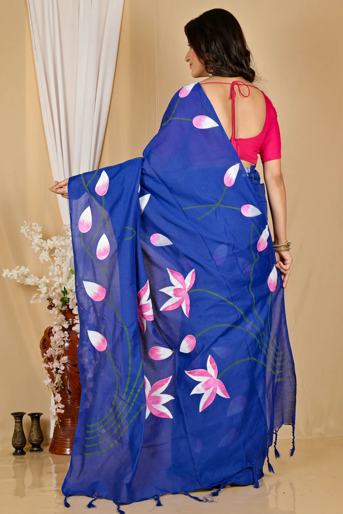 DipDiya Pure Cotton Naby Blue Kamal Rooted in Bengal Hand Painted Sarees