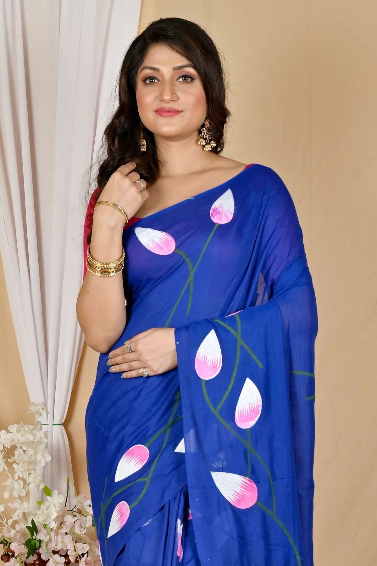 DipDiya Pure Cotton Naby Blue Kamal Rooted in Bengal Hand Painted Sarees