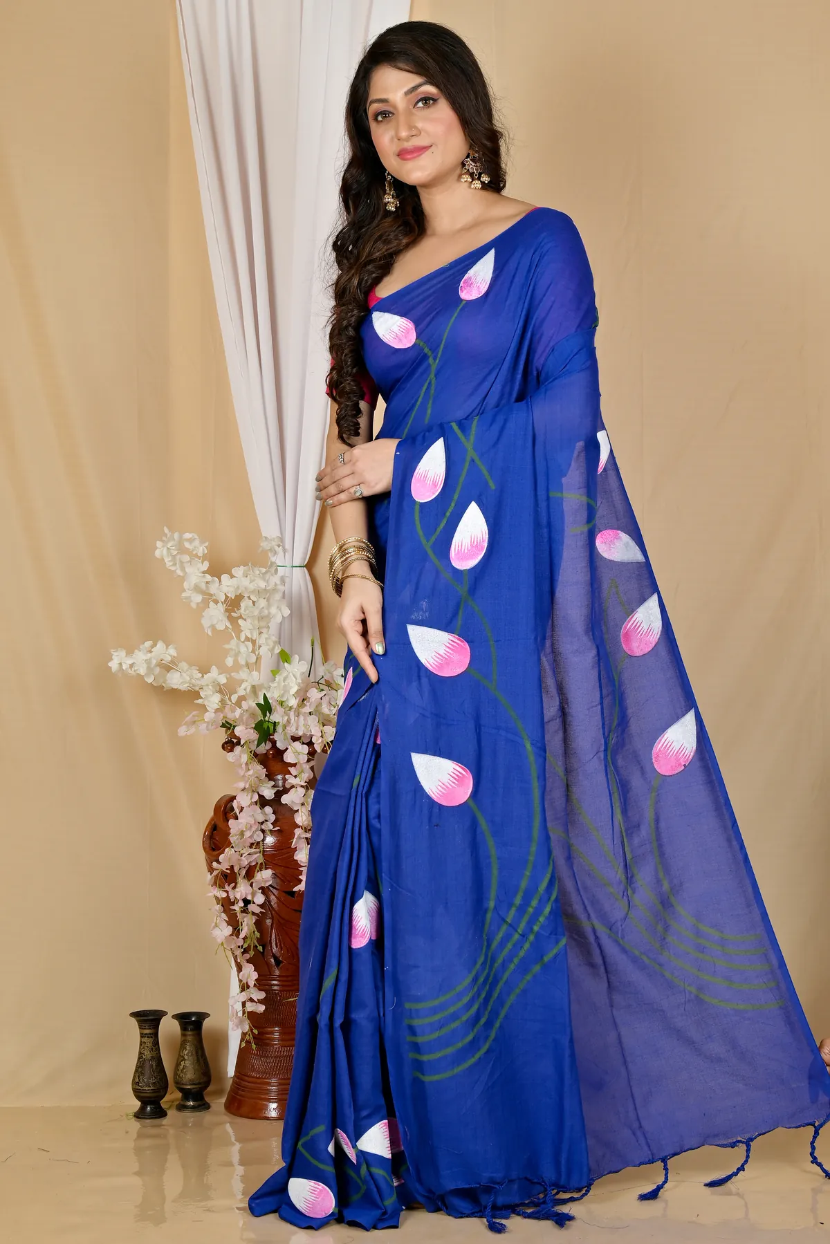 DipDiya Pure Cotton Naby Blue Kamal Rooted in Bengal Hand Painted Sarees