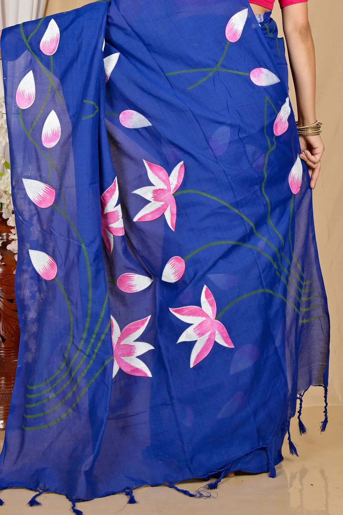 DipDiya Pure Cotton Naby Blue Kamal Rooted in Bengal Hand Painted Sarees