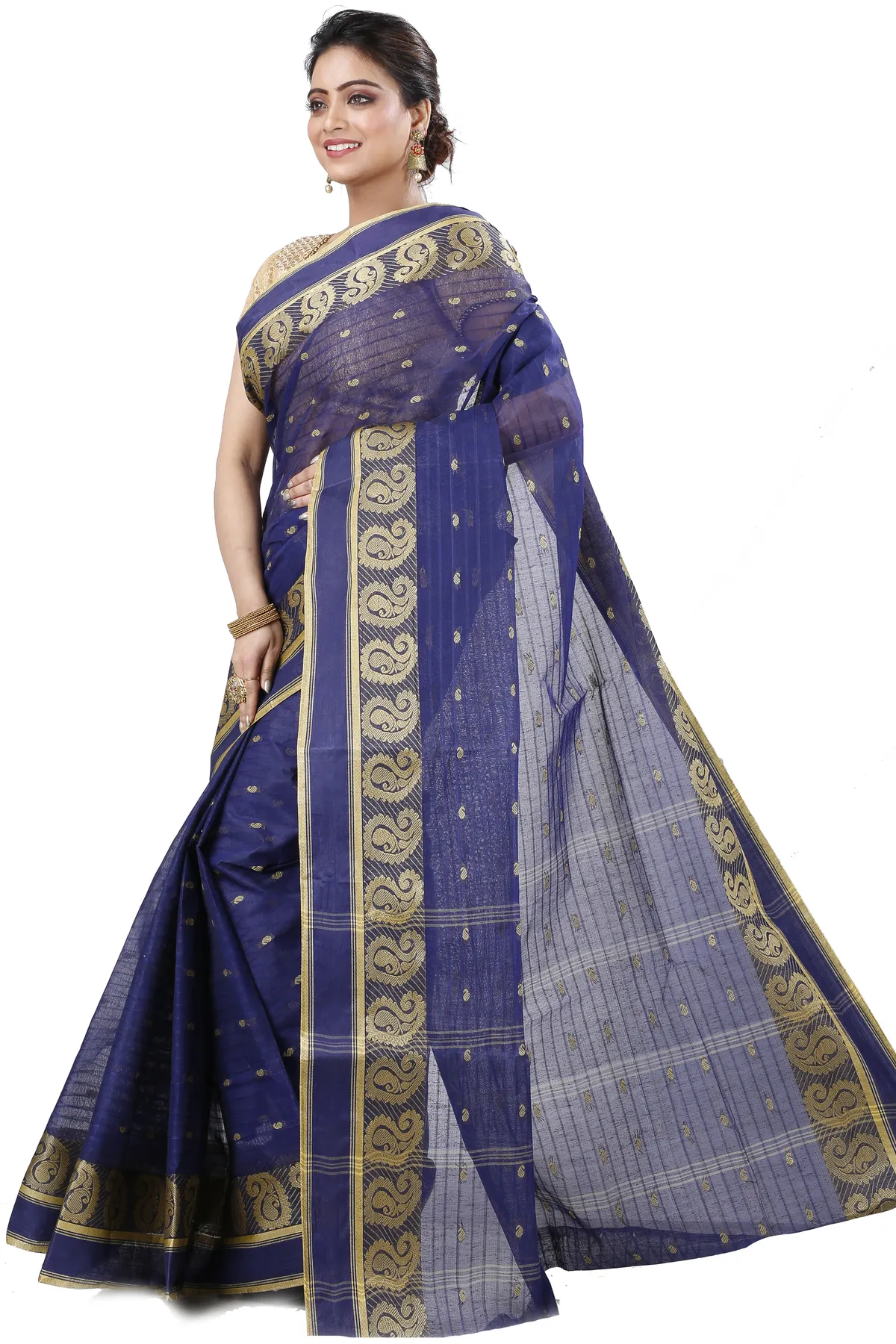 DipDiya Pure Cotton Naby Blue Kolka Guti Heritage Elegance Tant Sarees