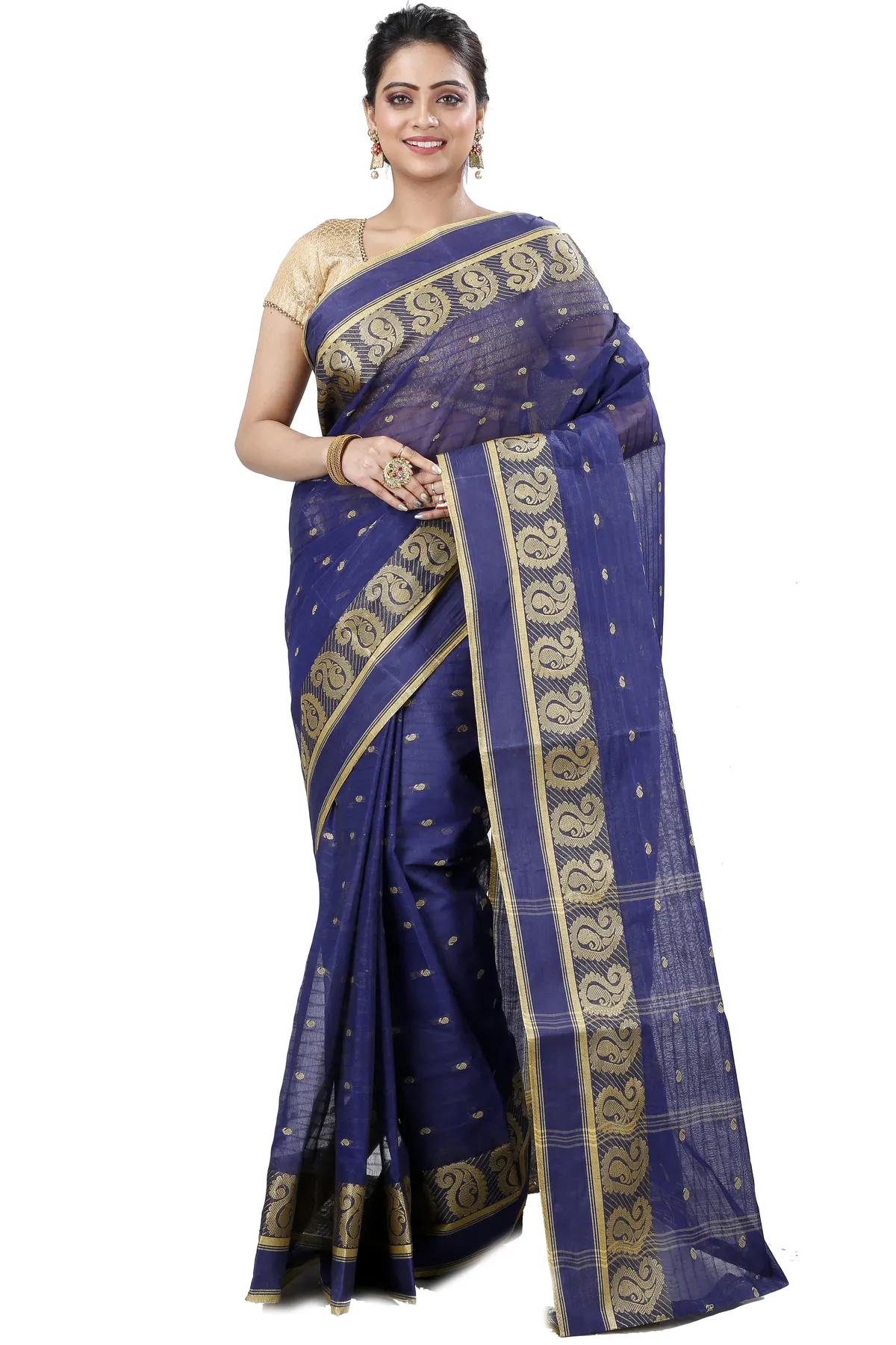 DipDiya Pure Cotton Naby Blue Kolka Guti Heritage Elegance Tant Sarees