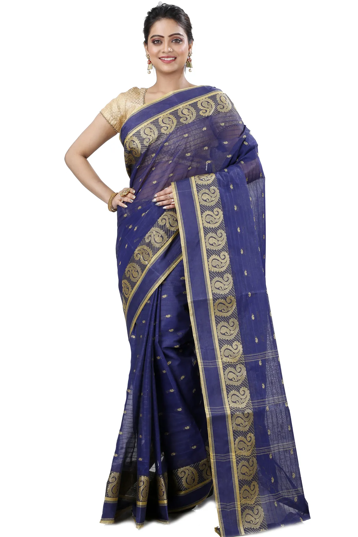 DipDiya Pure Cotton Naby Blue Kolka Guti Heritage Elegance Tant Sarees