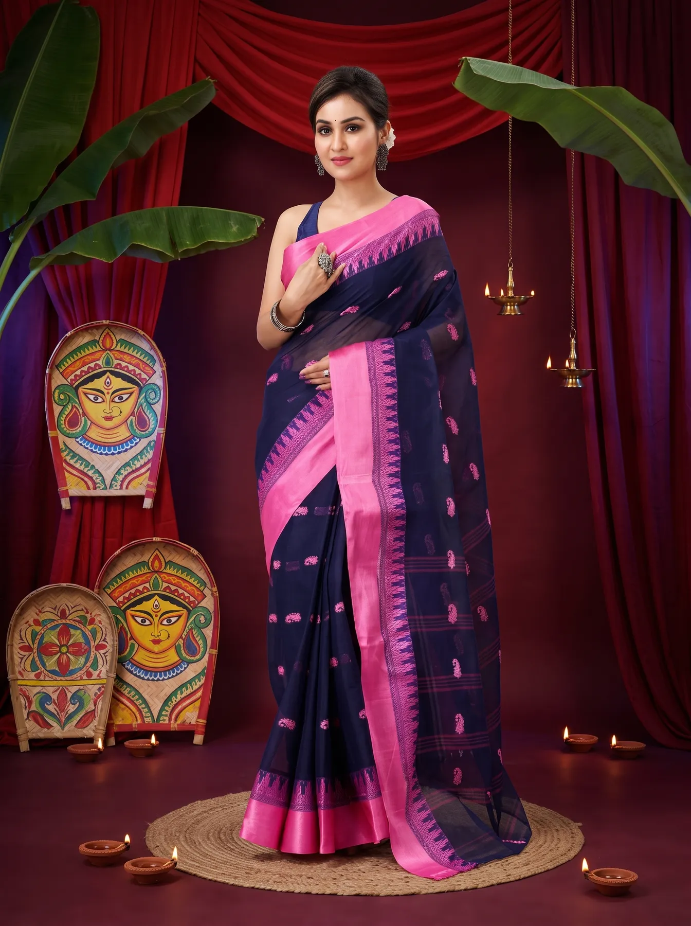 DipDiya Pure Cotton Naby Blue Lagan Essence of Bengal Tant Sarees