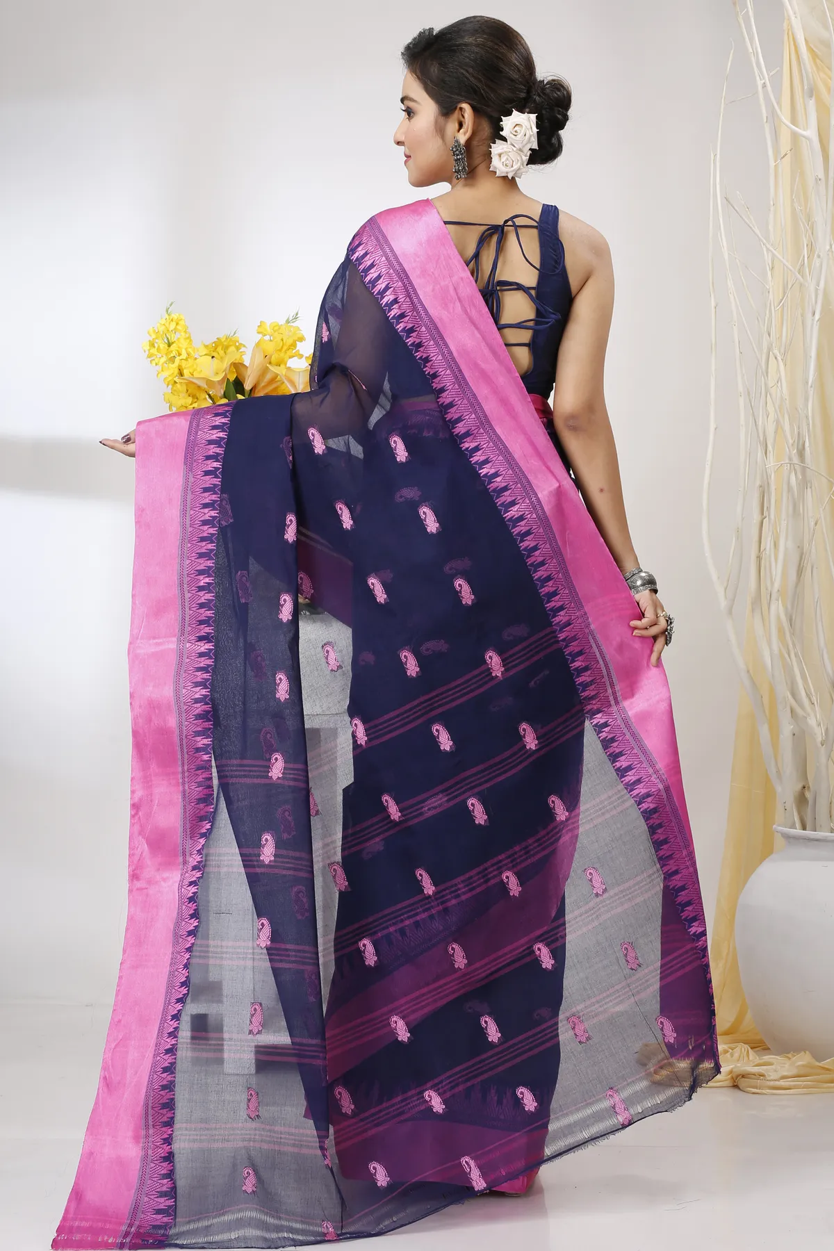 DipDiya Pure Cotton Naby Blue Lagan Essence of Bengal Tant Sarees