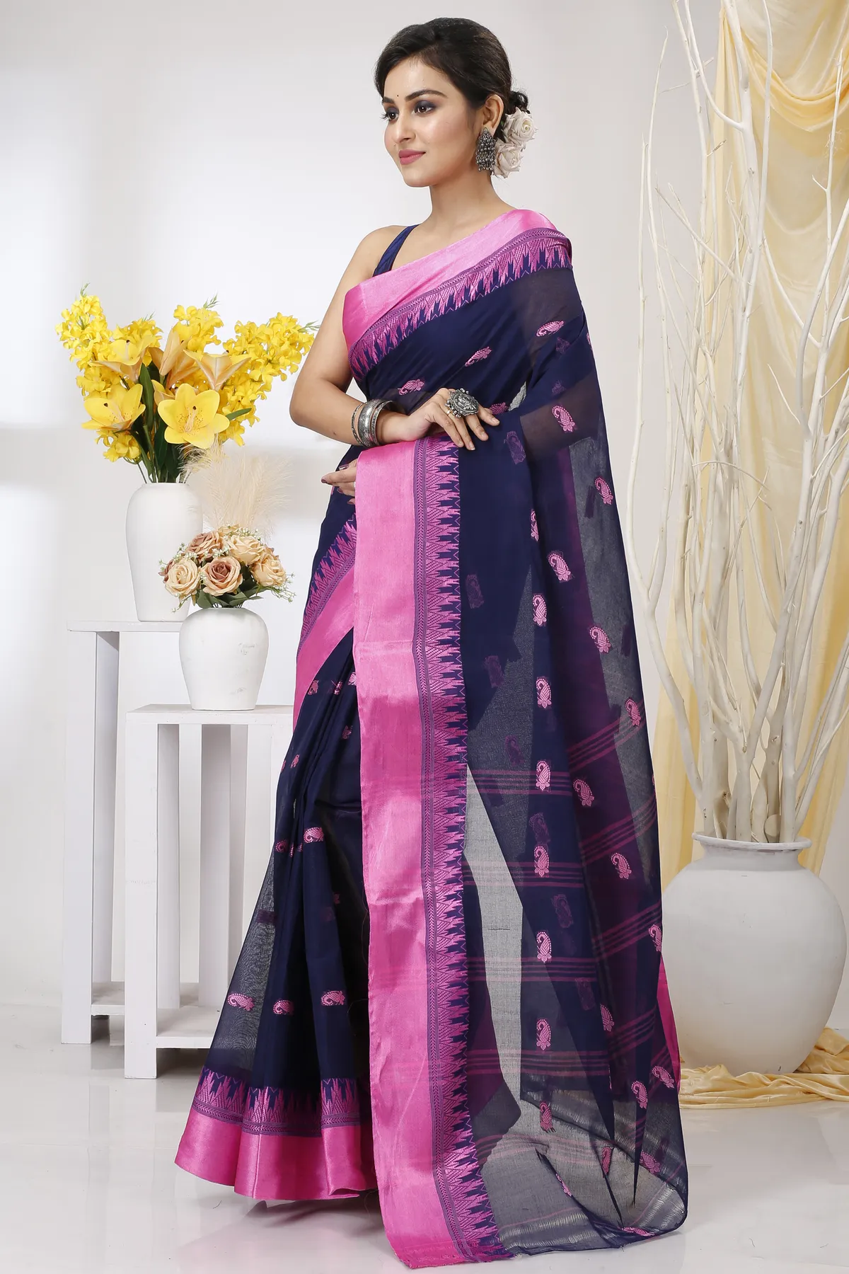 DipDiya Pure Cotton Naby Blue Lagan Essence of Bengal Tant Sarees