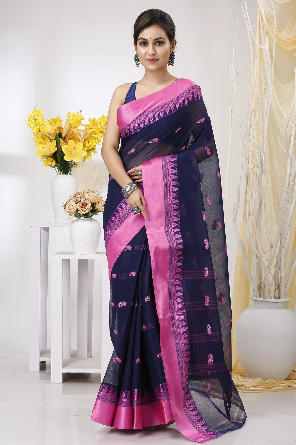 DipDiya Pure Cotton Naby Blue Lagan Essence of Bengal Tant Sarees