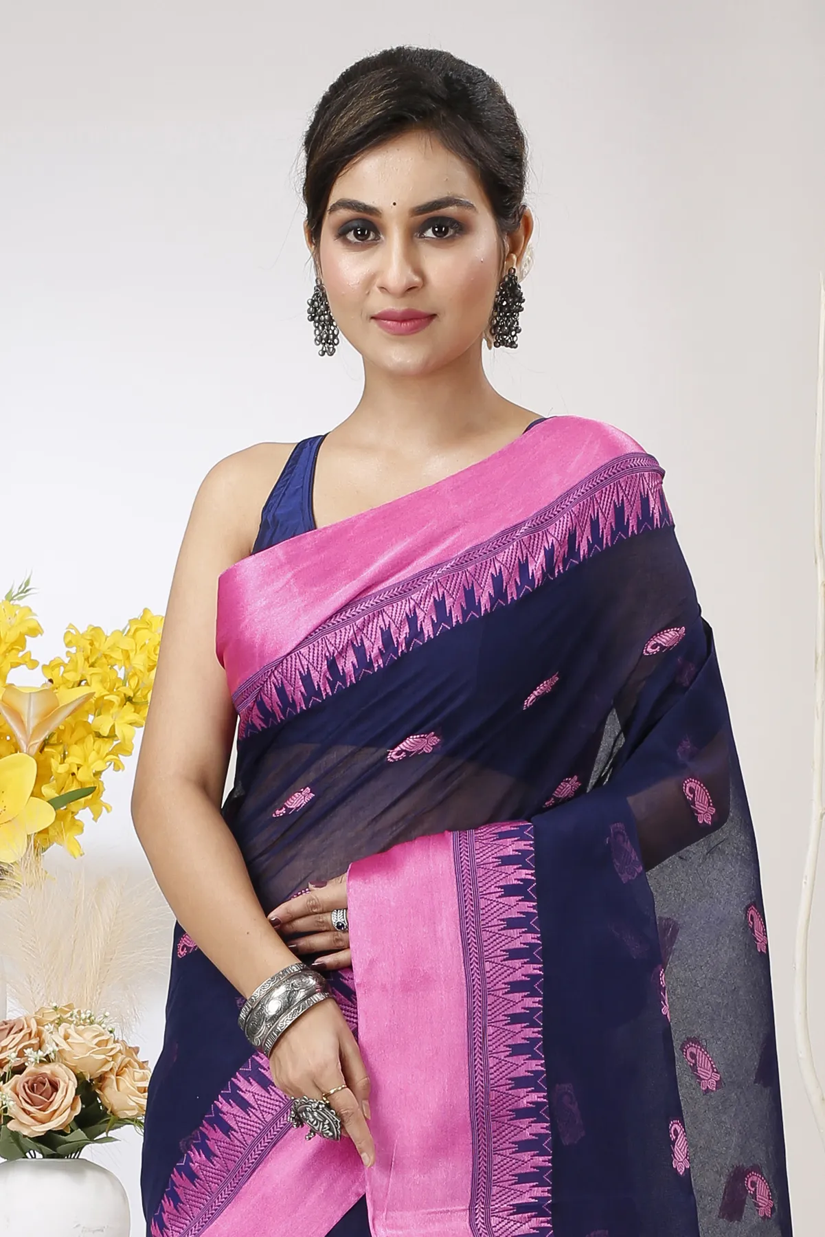 DipDiya Pure Cotton Naby Blue Lagan Essence of Bengal Tant Sarees