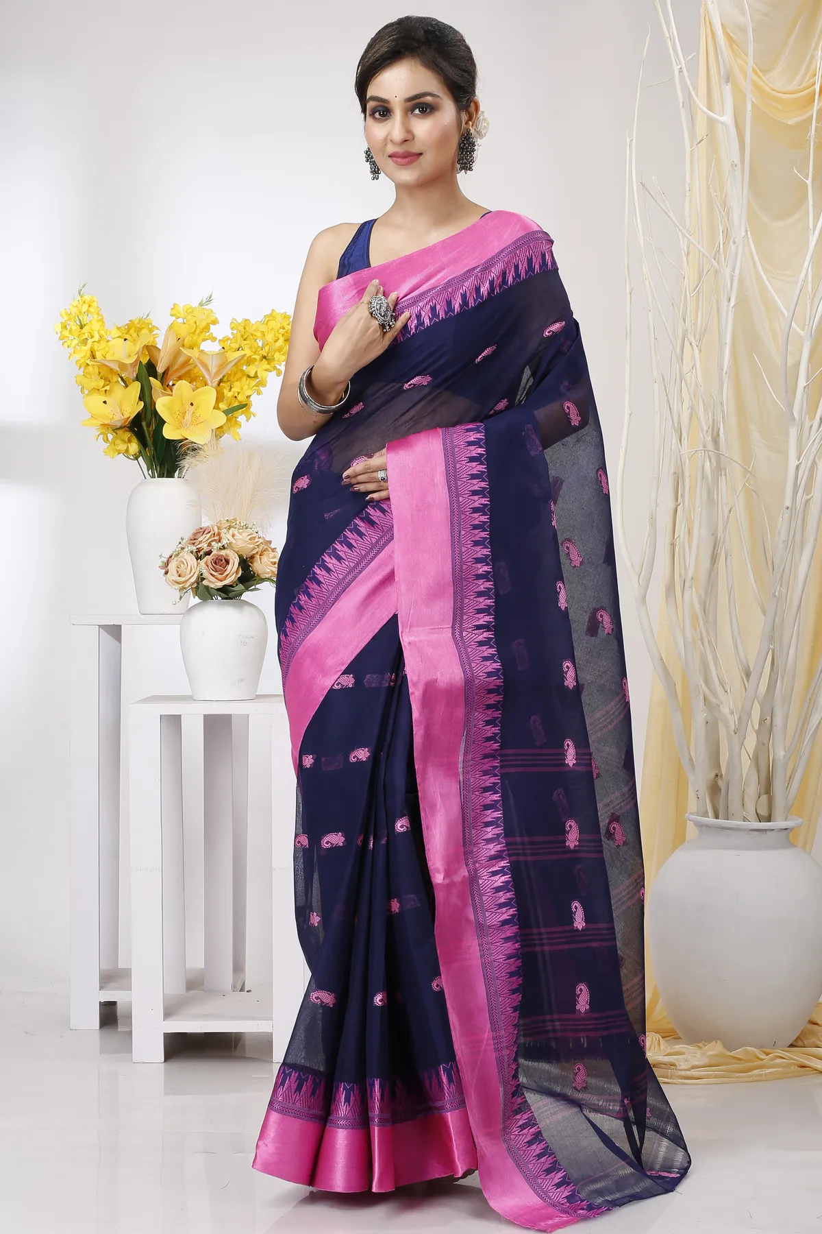 DipDiya Pure Cotton Naby Blue Lagan Essence of Bengal Tant Sarees