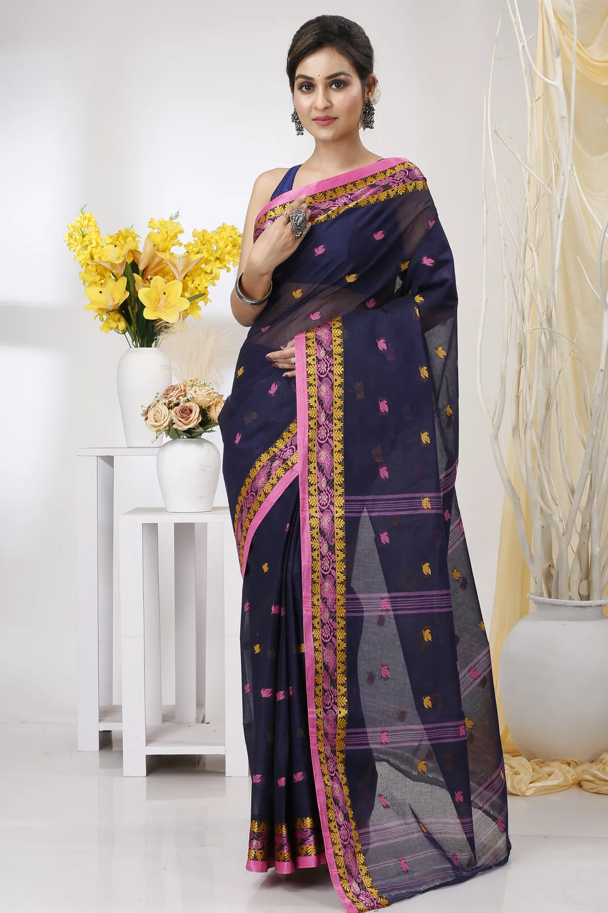 DipDiya Pure Cotton Naby Blue Leron Stories of Bengal Tant Sarees