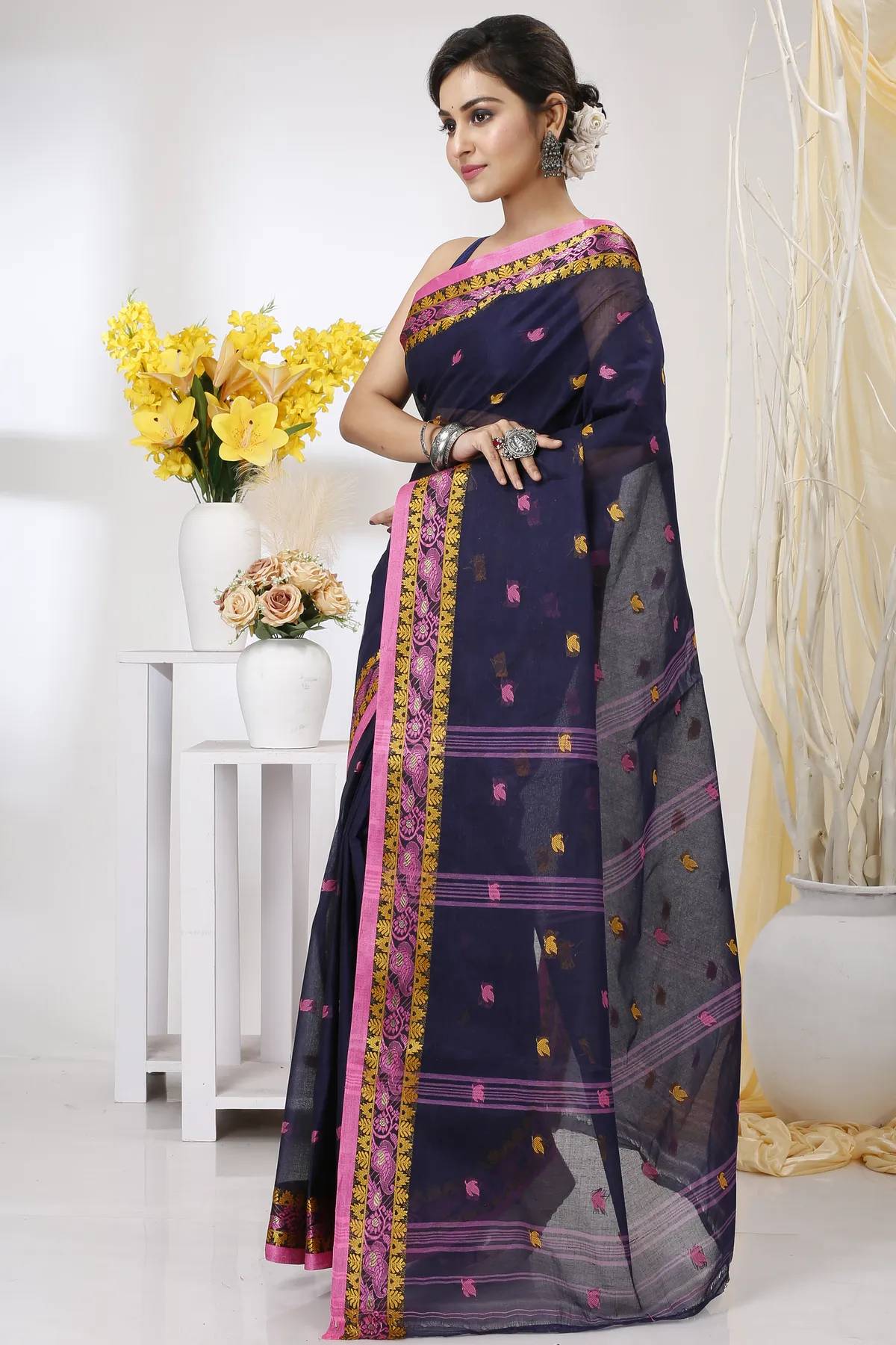 DipDiya Pure Cotton Naby Blue Leron Stories of Bengal Tant Sarees