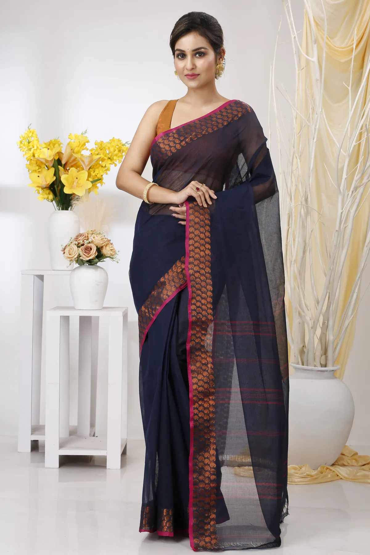 DipDiya Pure Cotton Naby Blue Lilan Pure Bengali Grace Tant Sarees