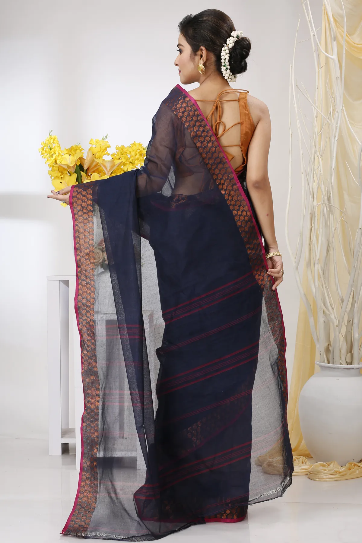 DipDiya Pure Cotton Naby Blue Lilan Pure Bengali Grace Tant Sarees