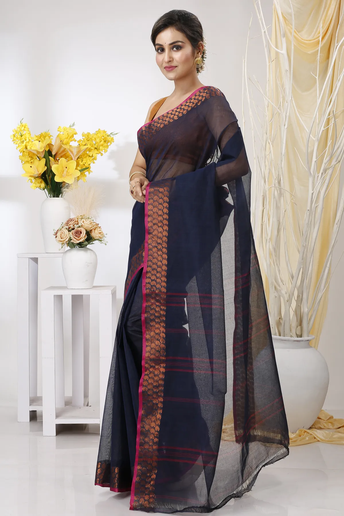 DipDiya Pure Cotton Naby Blue Lilan Pure Bengali Grace Tant Sarees