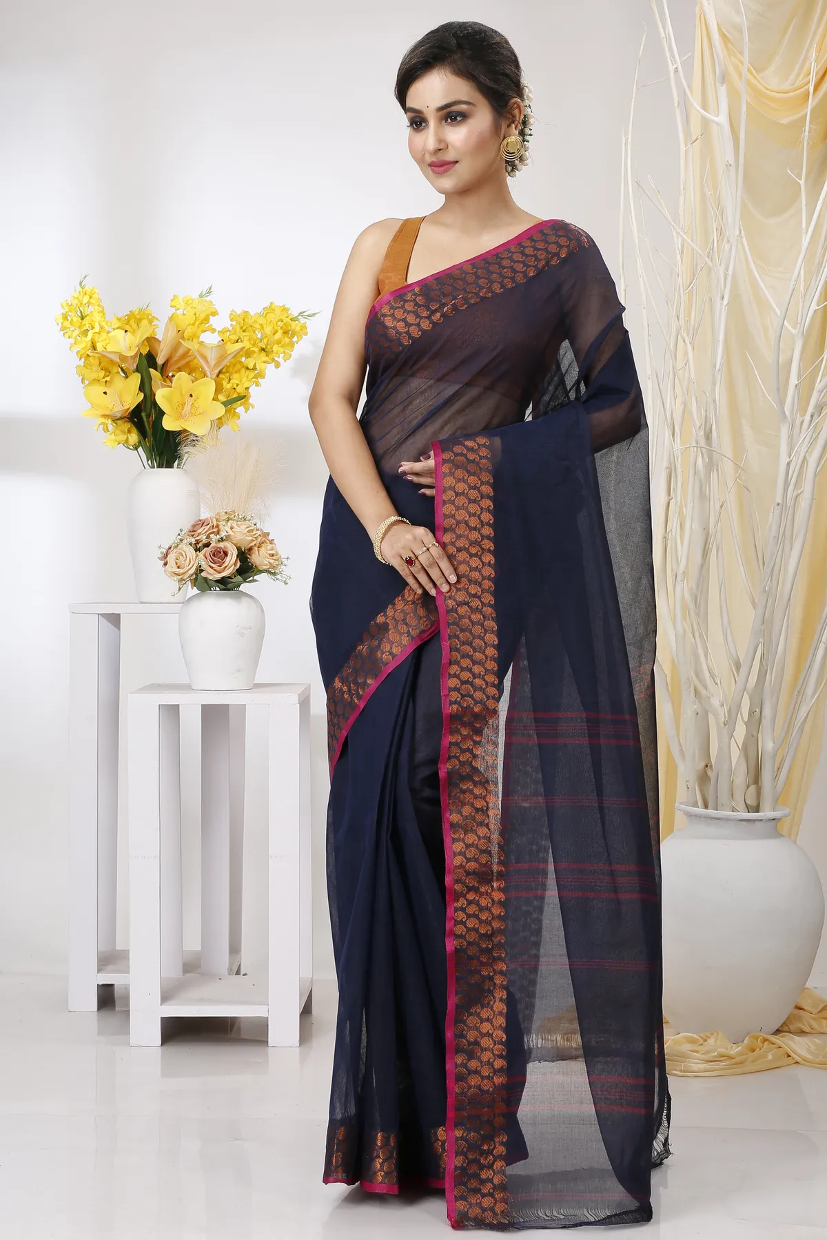 DipDiya Pure Cotton Naby Blue Lilan Pure Bengali Grace Tant Sarees