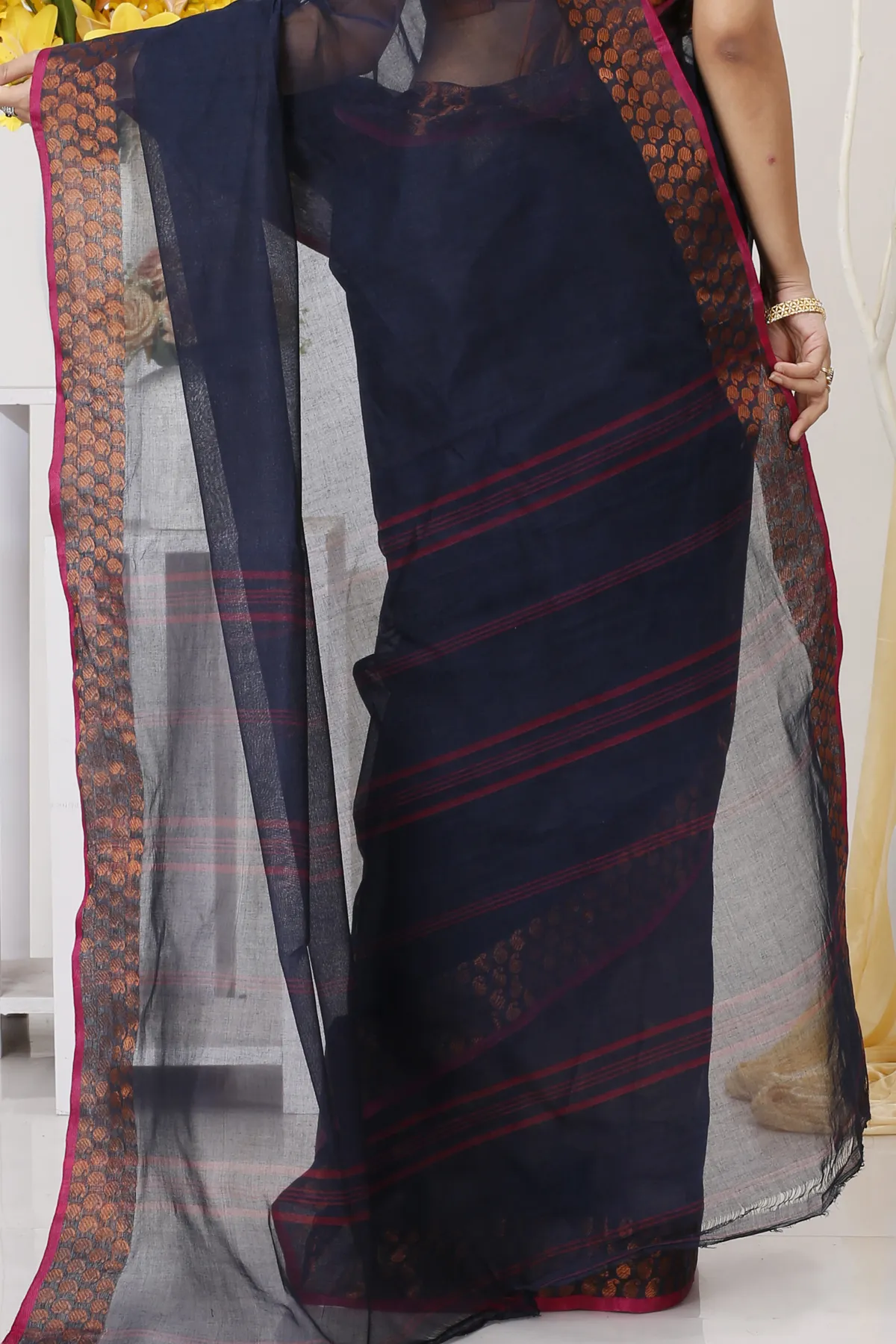 DipDiya Pure Cotton Naby Blue Lilan Pure Bengali Grace Tant Sarees