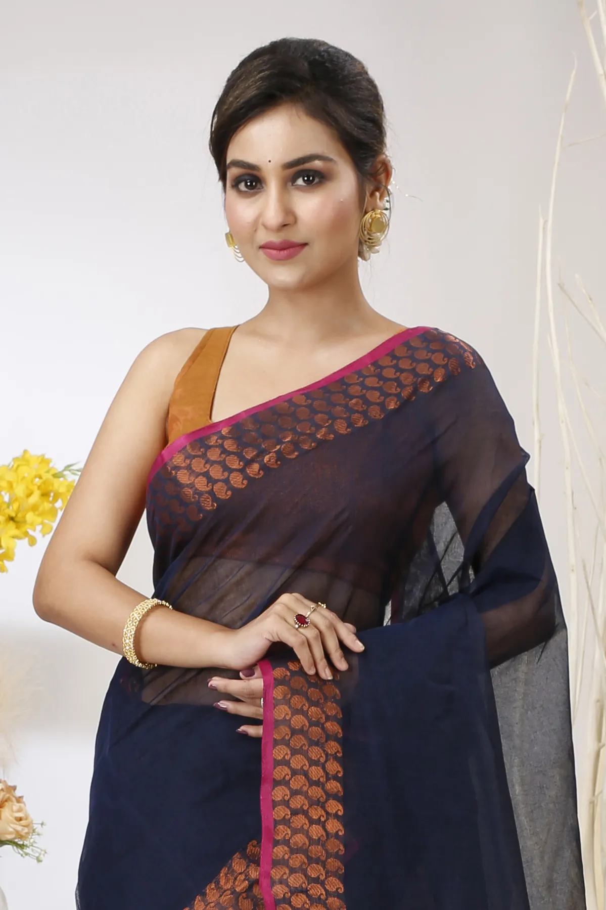 DipDiya Pure Cotton Naby Blue Lilan Pure Bengali Grace Tant Sarees