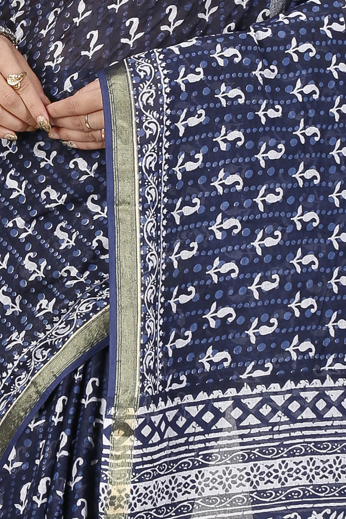 DipDiya Pure Cotton Naby Blue Mela Traditional Bengali Printed Handloom Sarees