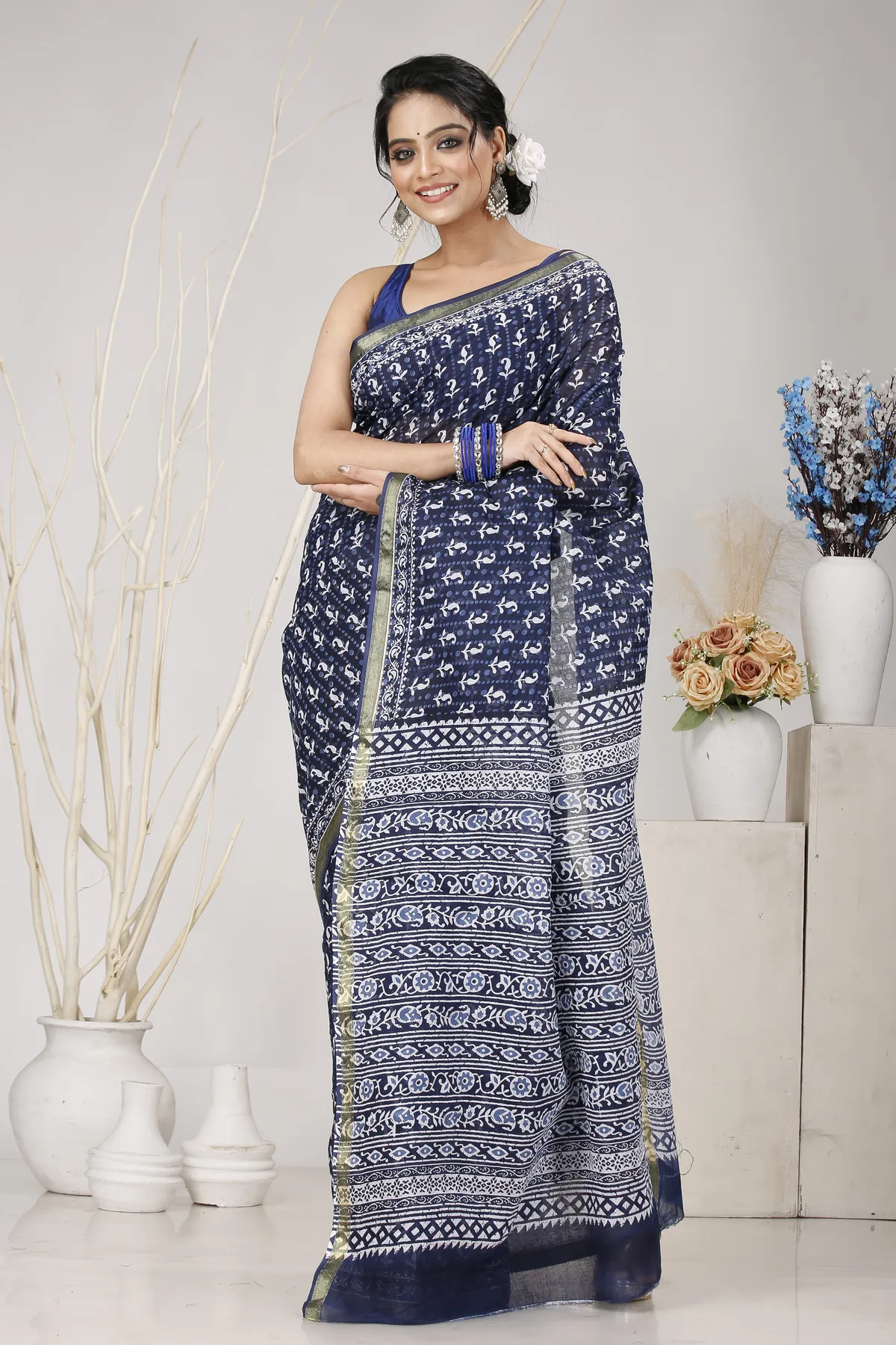 DipDiya Pure Cotton Naby Blue Mela Traditional Bengali Printed Handloom Sarees