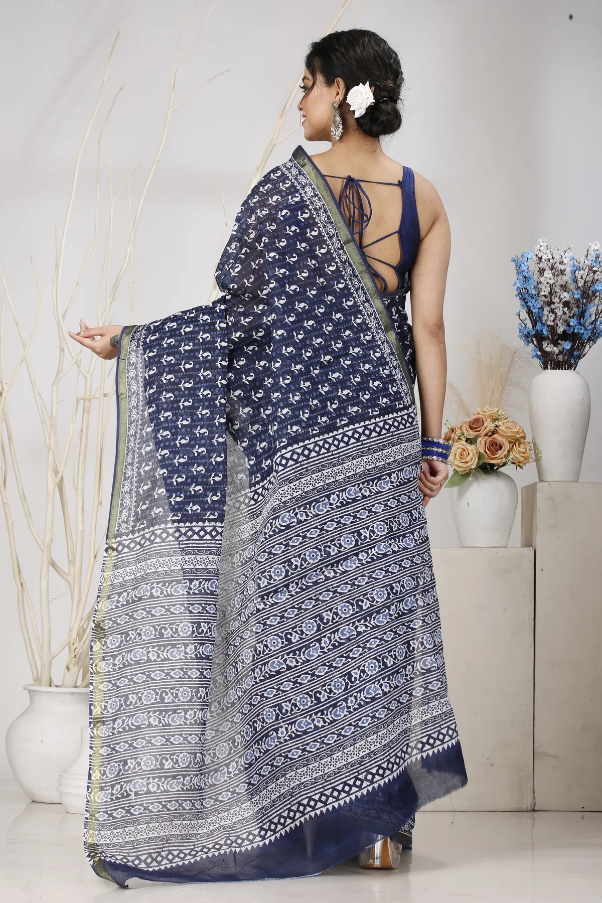 DipDiya Pure Cotton Naby Blue Mela Traditional Bengali Printed Handloom Sarees