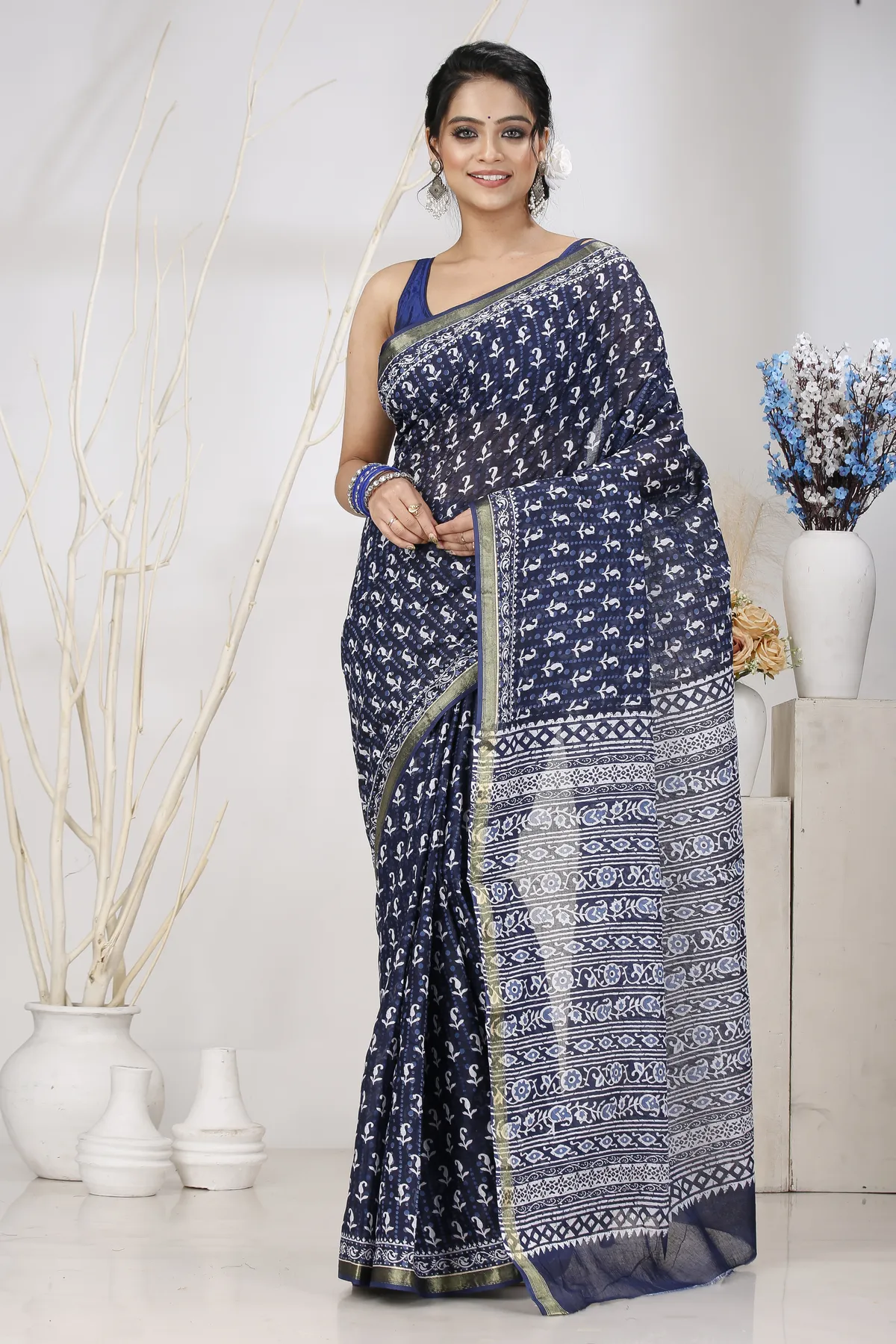 DipDiya Pure Cotton Naby Blue Mela Traditional Bengali Printed Handloom Sarees