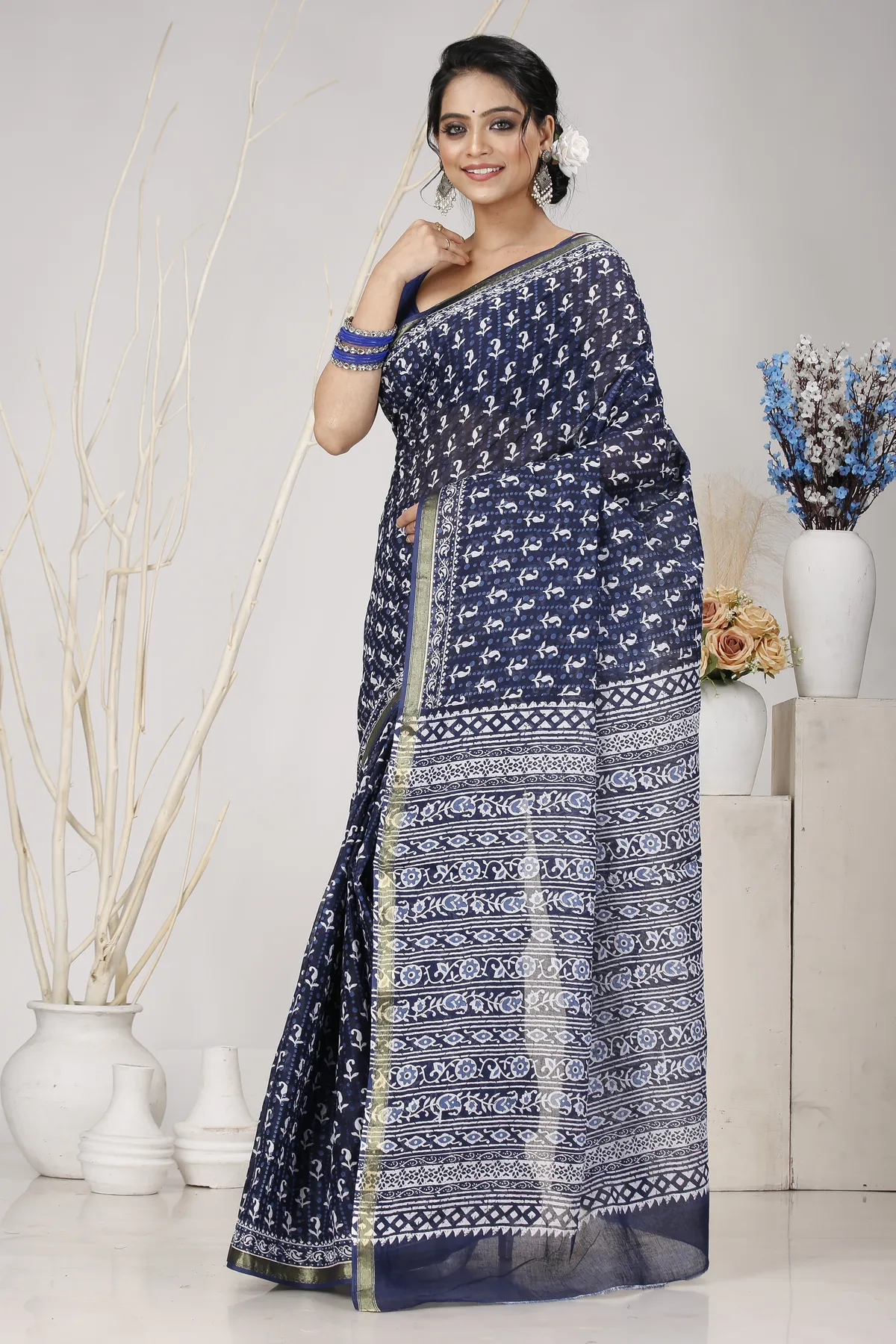 DipDiya Pure Cotton Naby Blue Mela Traditional Bengali Printed Handloom Sarees
