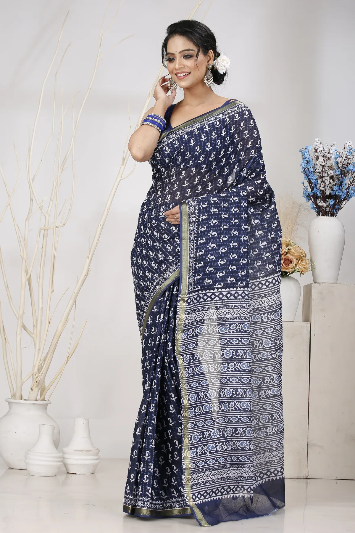 DipDiya Pure Cotton Naby Blue Mela Traditional Bengali Printed Handloom Sarees
