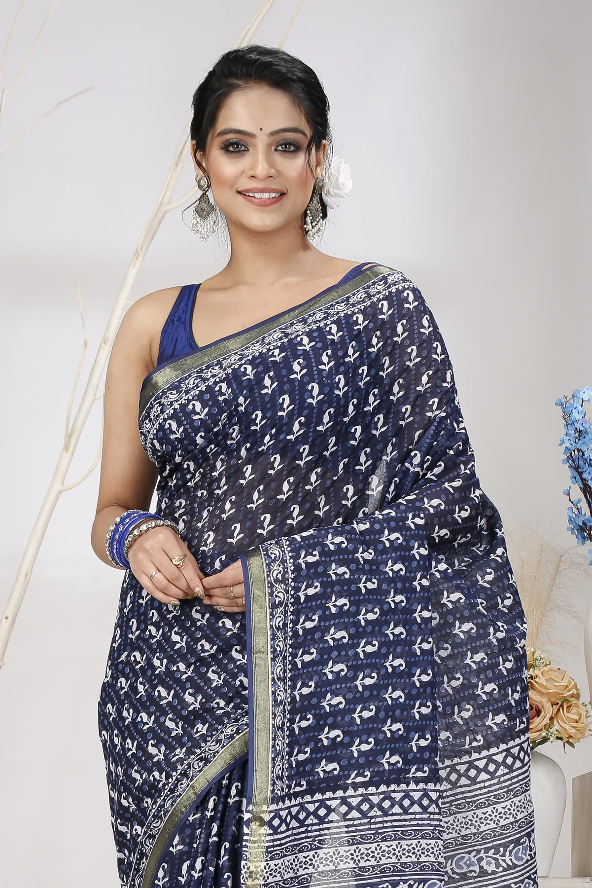 DipDiya Pure Cotton Naby Blue Mela Traditional Bengali Printed Handloom Sarees