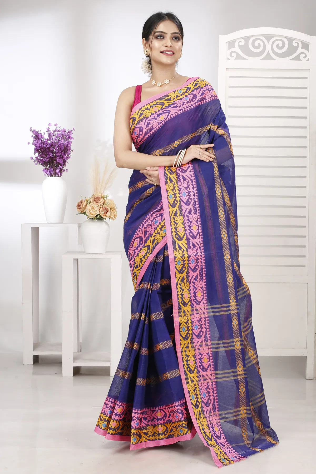 DipDiya Pure Cotton Naby Blue Moti Ankit Masterfully Woven Tant Sarees