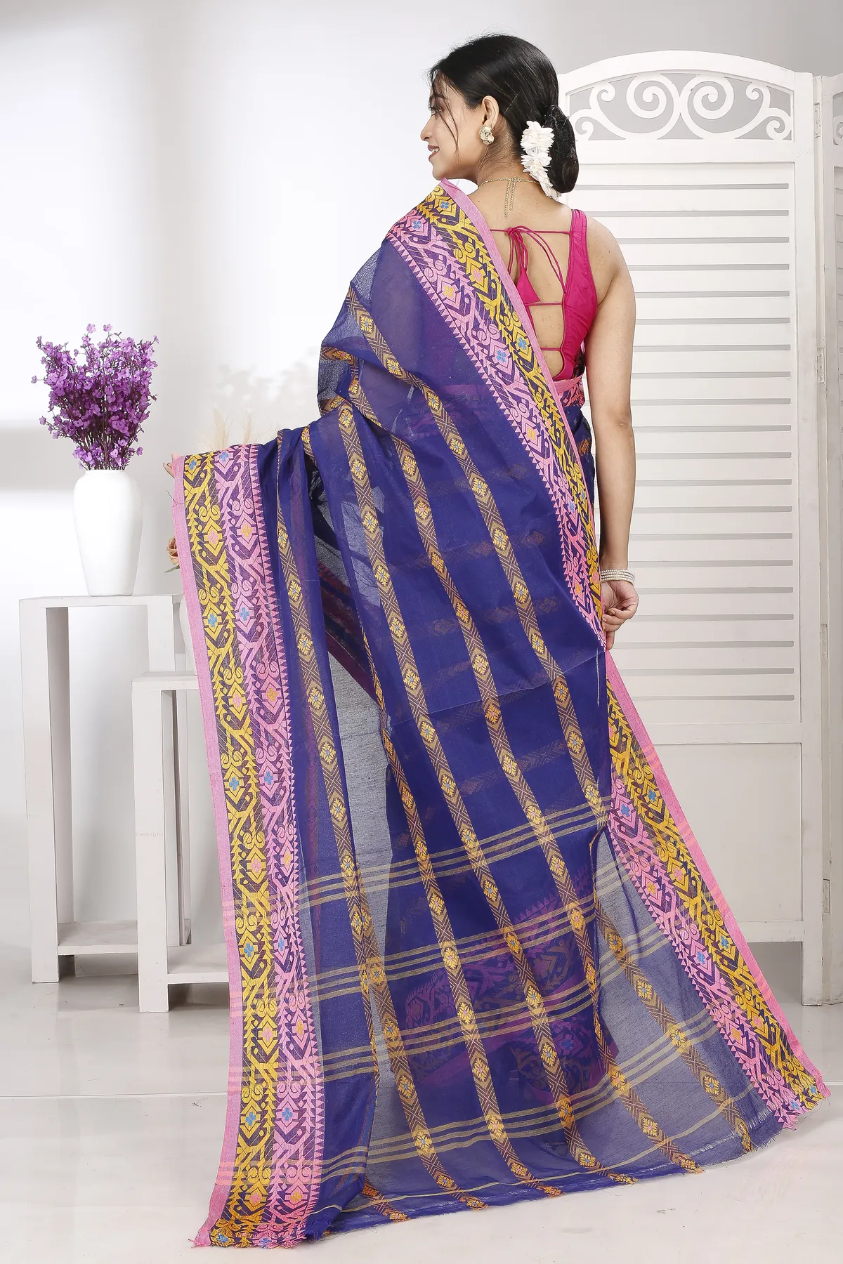 DipDiya Pure Cotton Naby Blue Moti Ankit Masterfully Woven Tant Sarees
