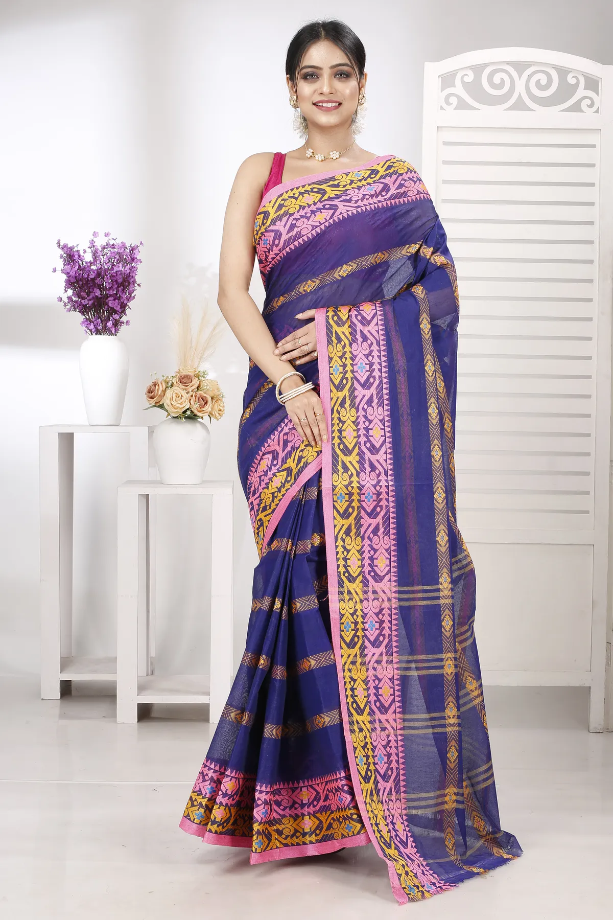 DipDiya Pure Cotton Naby Blue Moti Ankit Masterfully Woven Tant Sarees