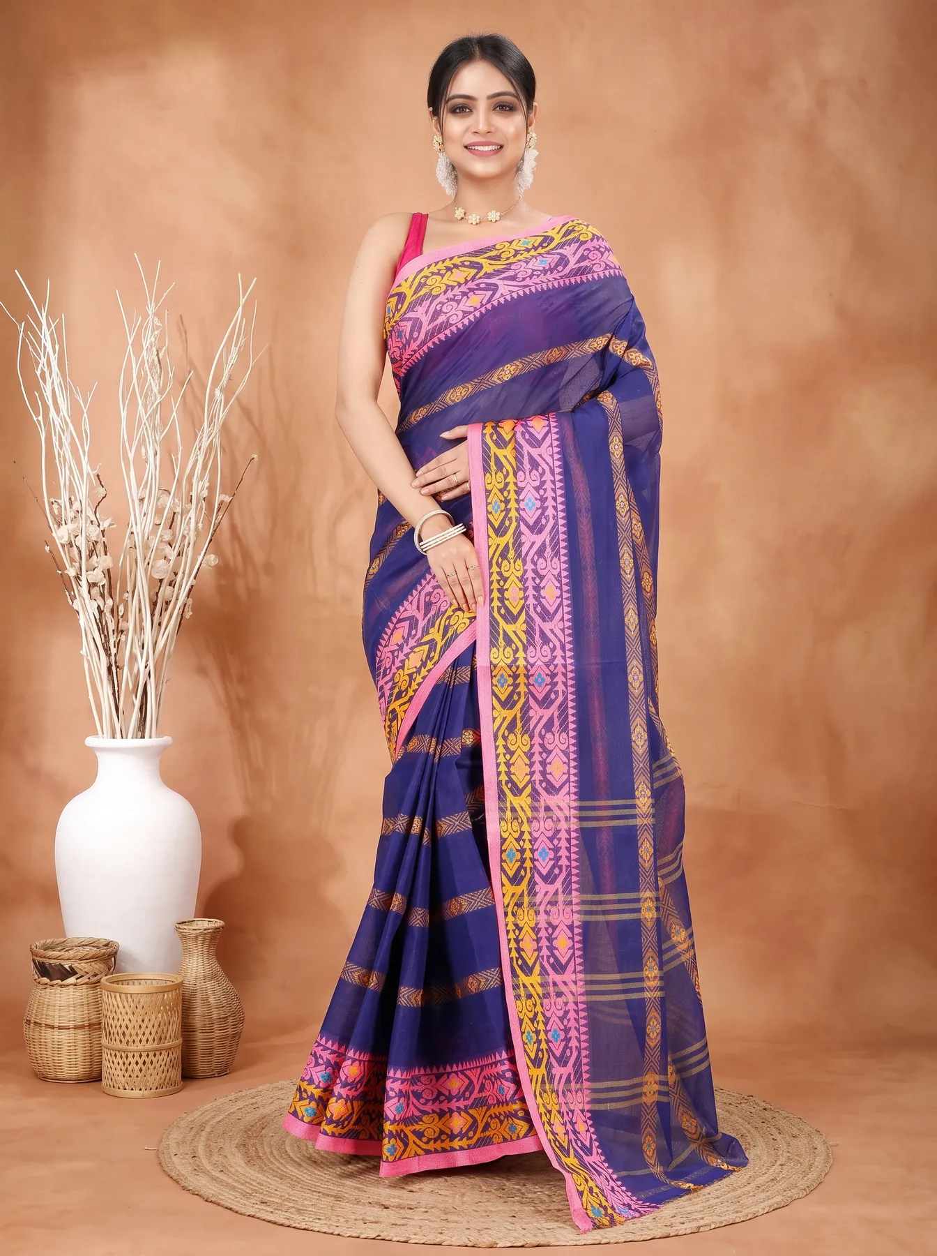 DipDiya Pure Cotton Naby Blue Moti Ankit Masterfully Woven Tant Sarees