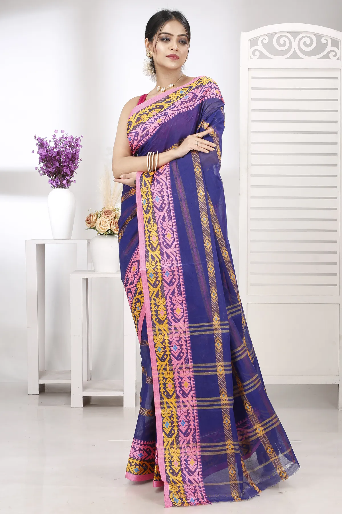 DipDiya Pure Cotton Naby Blue Moti Ankit Masterfully Woven Tant Sarees