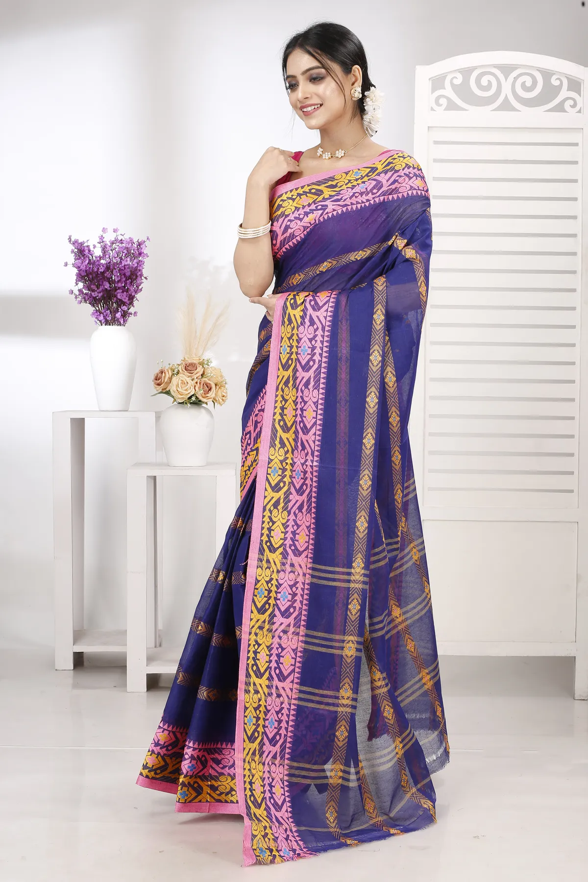 DipDiya Pure Cotton Naby Blue Moti Ankit Masterfully Woven Tant Sarees