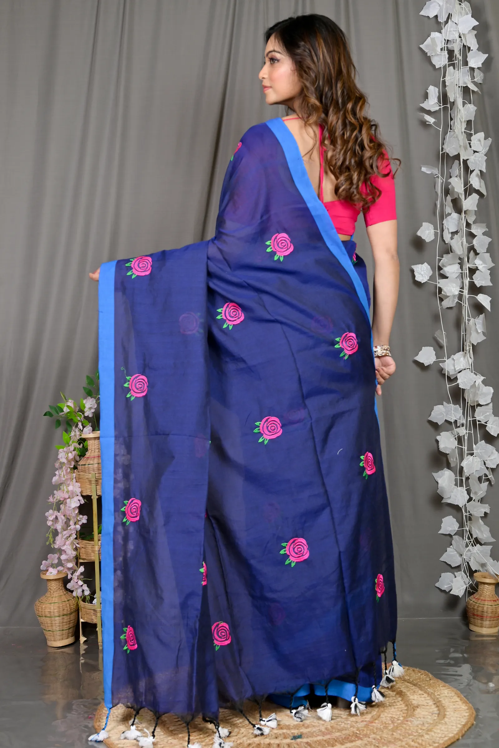 DipDiya Pure Cotton Naby Blue Parag Artisan Woven Embroidery Handloom sarees