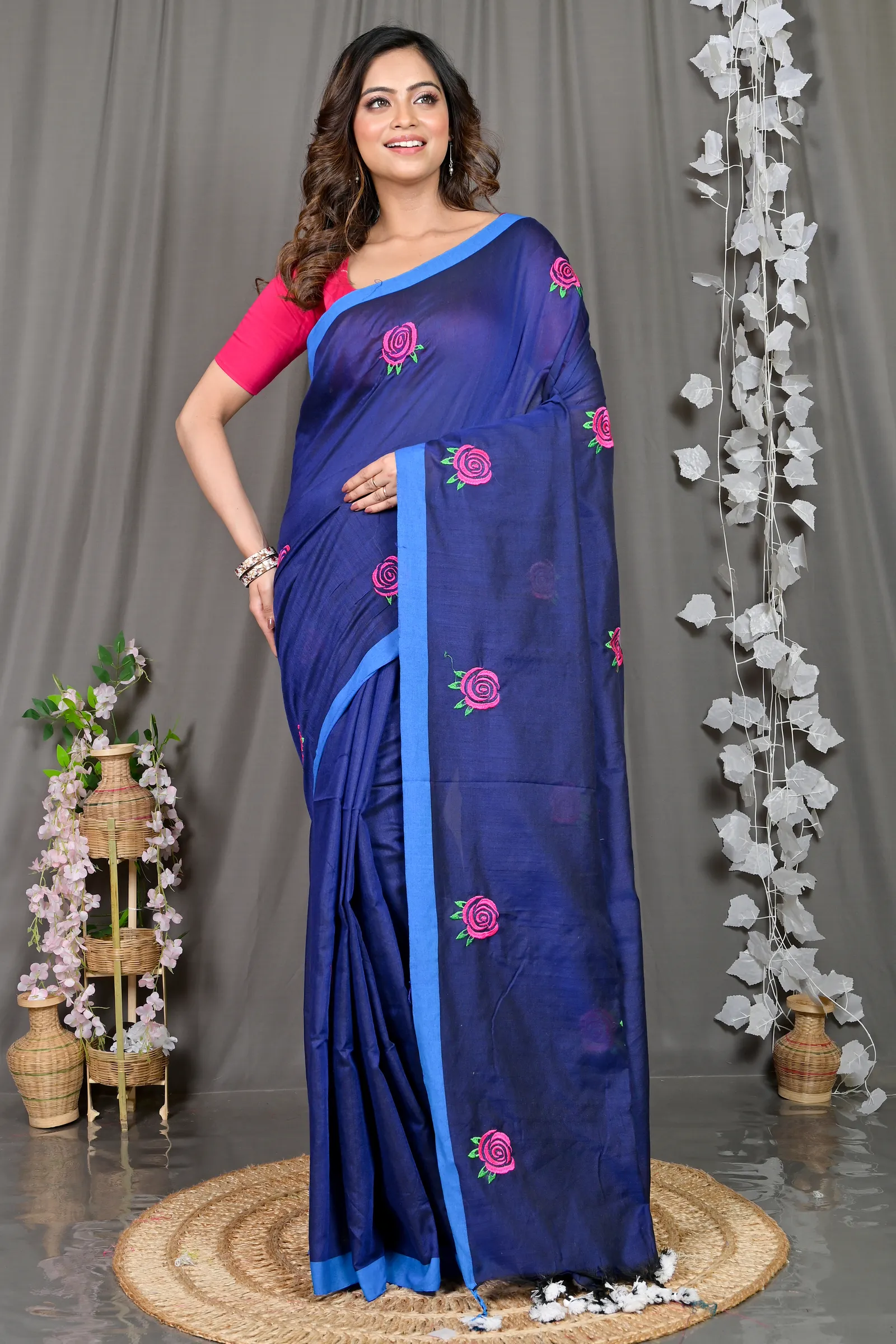 DipDiya Pure Cotton Naby Blue Parag Artisan Woven Embroidery Handloom sarees
