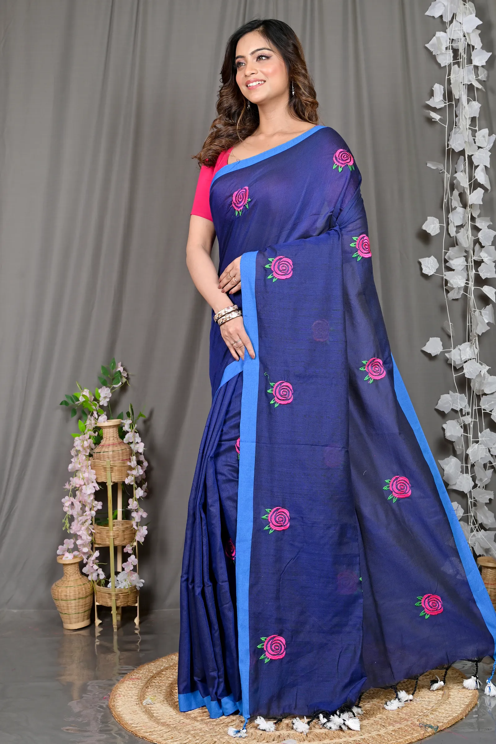 DipDiya Pure Cotton Naby Blue Parag Artisan Woven Embroidery Handloom sarees