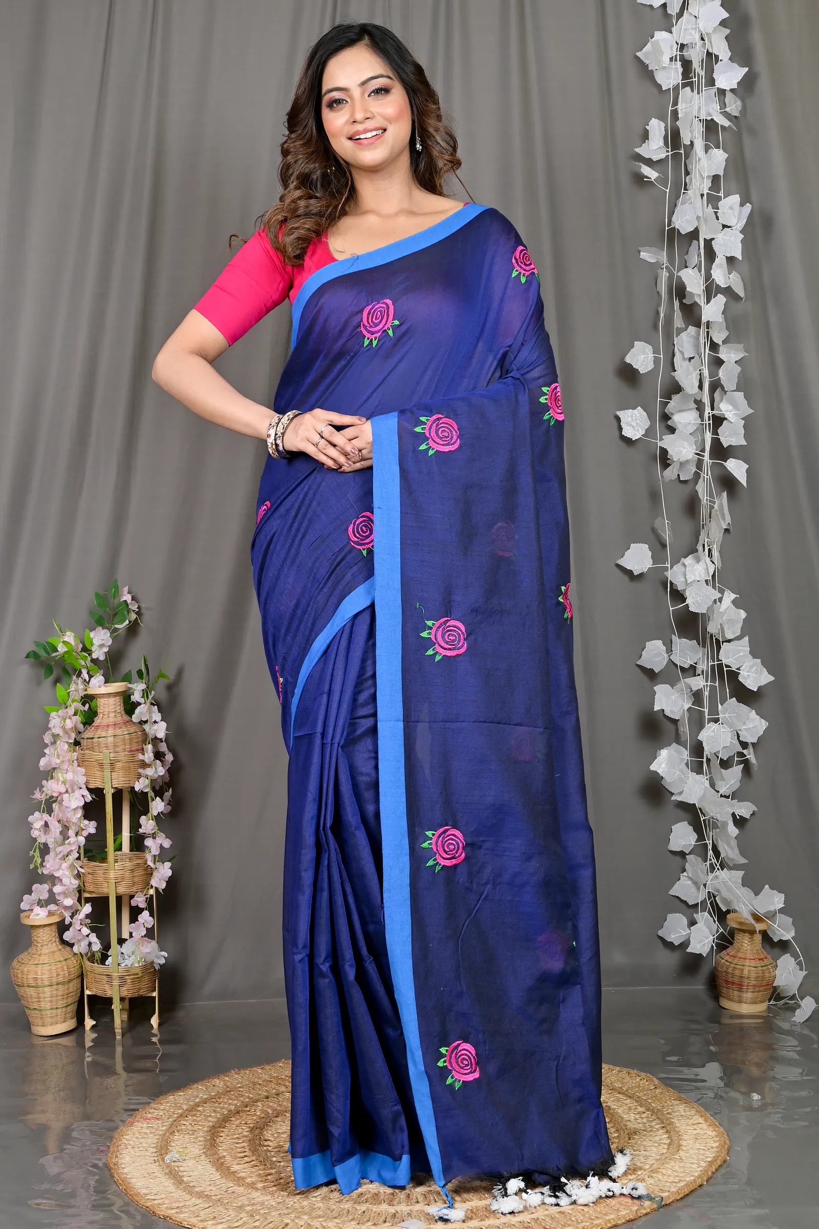 DipDiya Pure Cotton Naby Blue Parag Artisan Woven Embroidery Handloom sarees