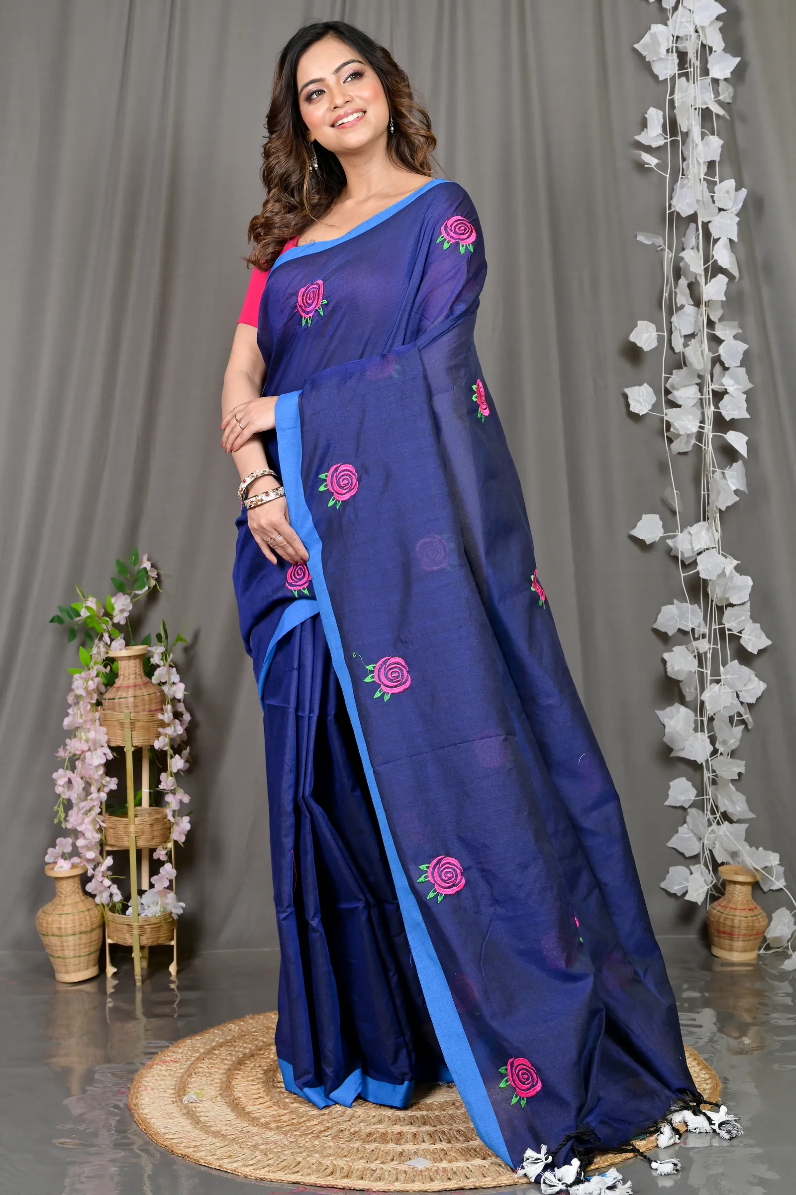 DipDiya Pure Cotton Naby Blue Parag Artisan Woven Embroidery Handloom sarees