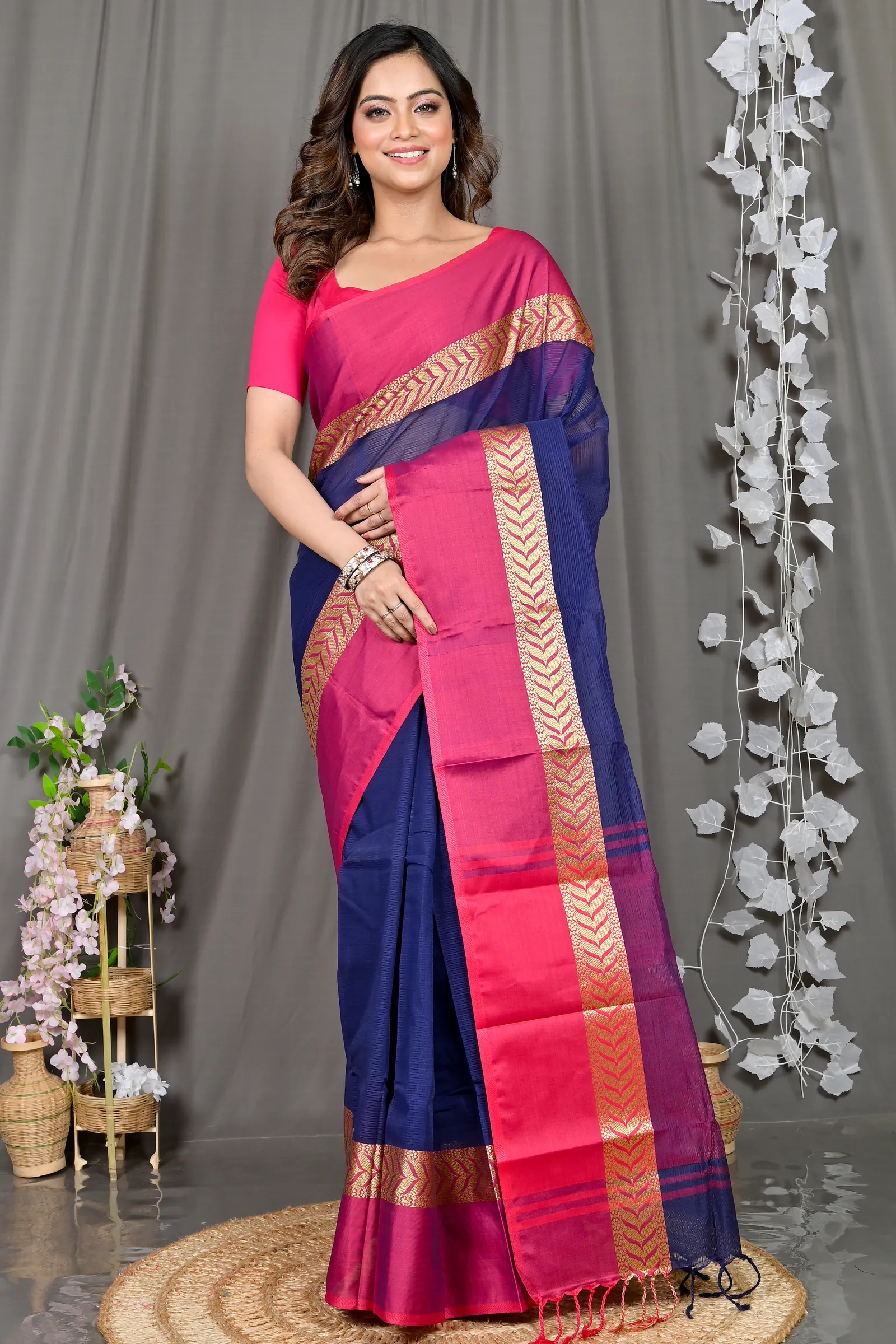 DipDiya Pure Cotton Naby Blue Parvin Traditional Bengali Tant Sarees