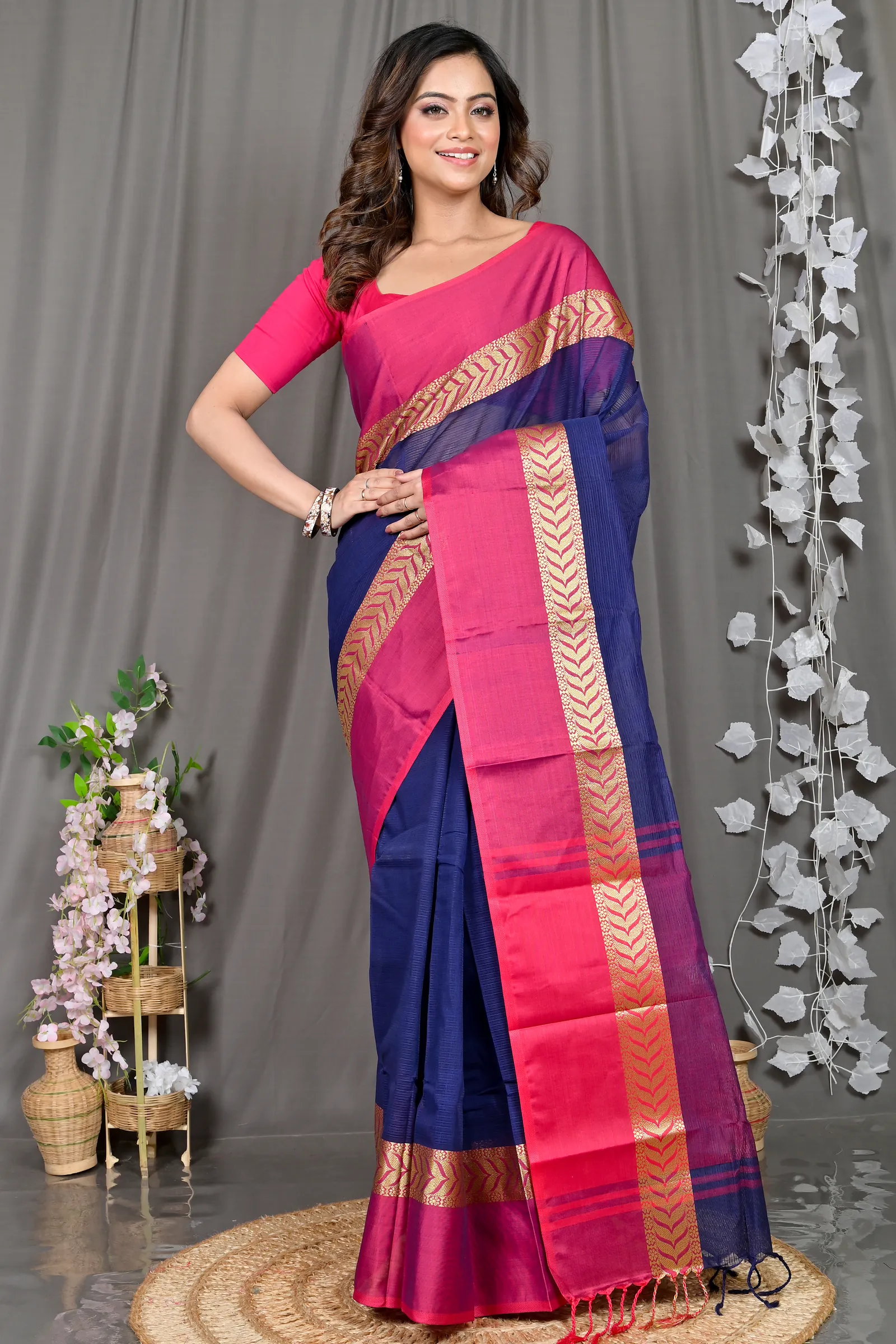 DipDiya Pure Cotton Naby Blue Parvin Traditional Bengali Tant Sarees